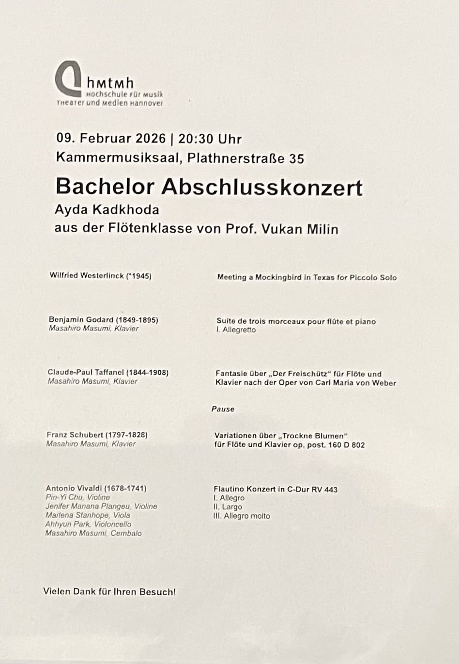 Programm des Bachelor Abschlußkonzertes.