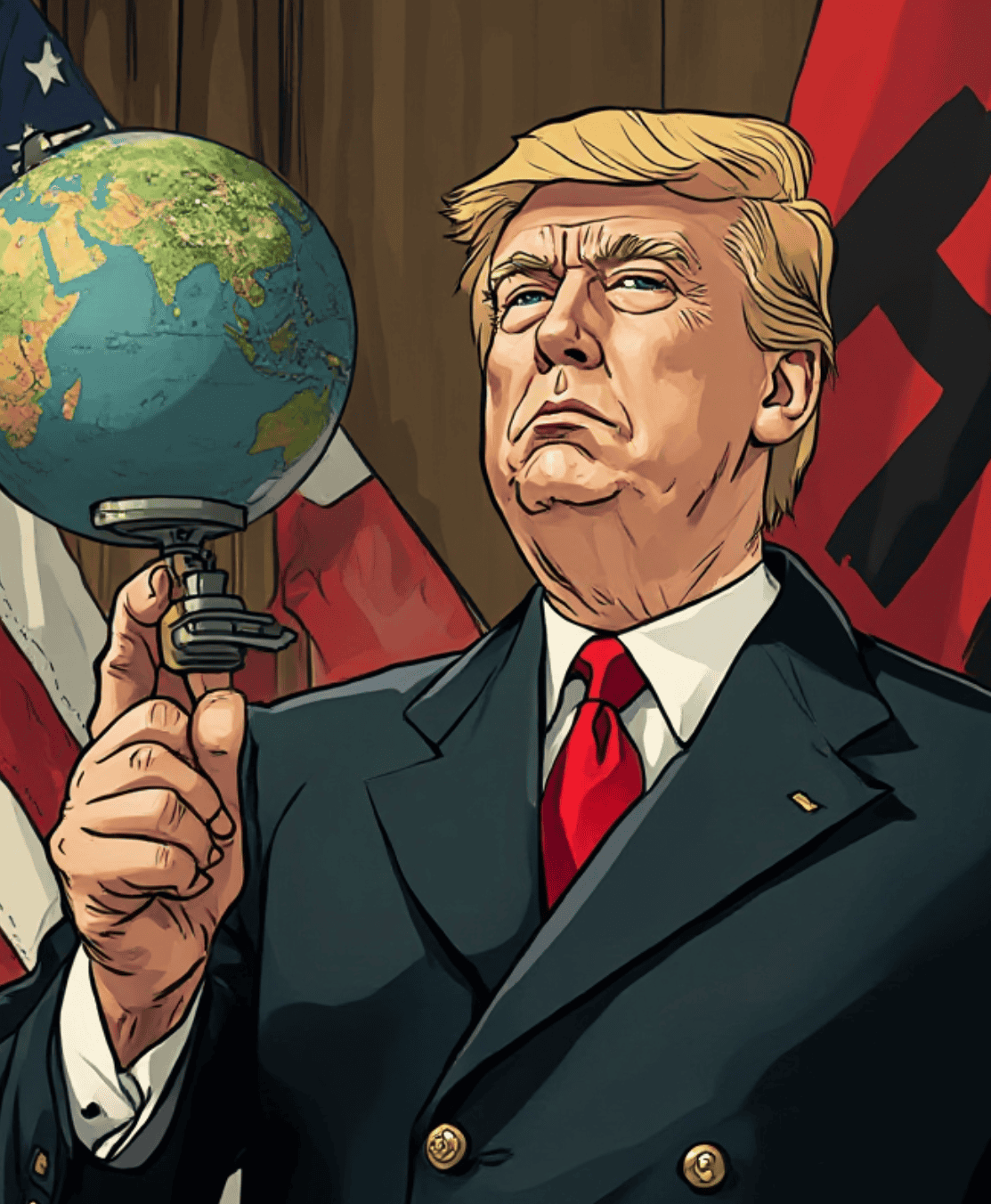 Im Comicstil Trump stehend in der einen Hand einen Globus balancierend, hinter ihm US- und rote Flagge mit einer Art Rune.