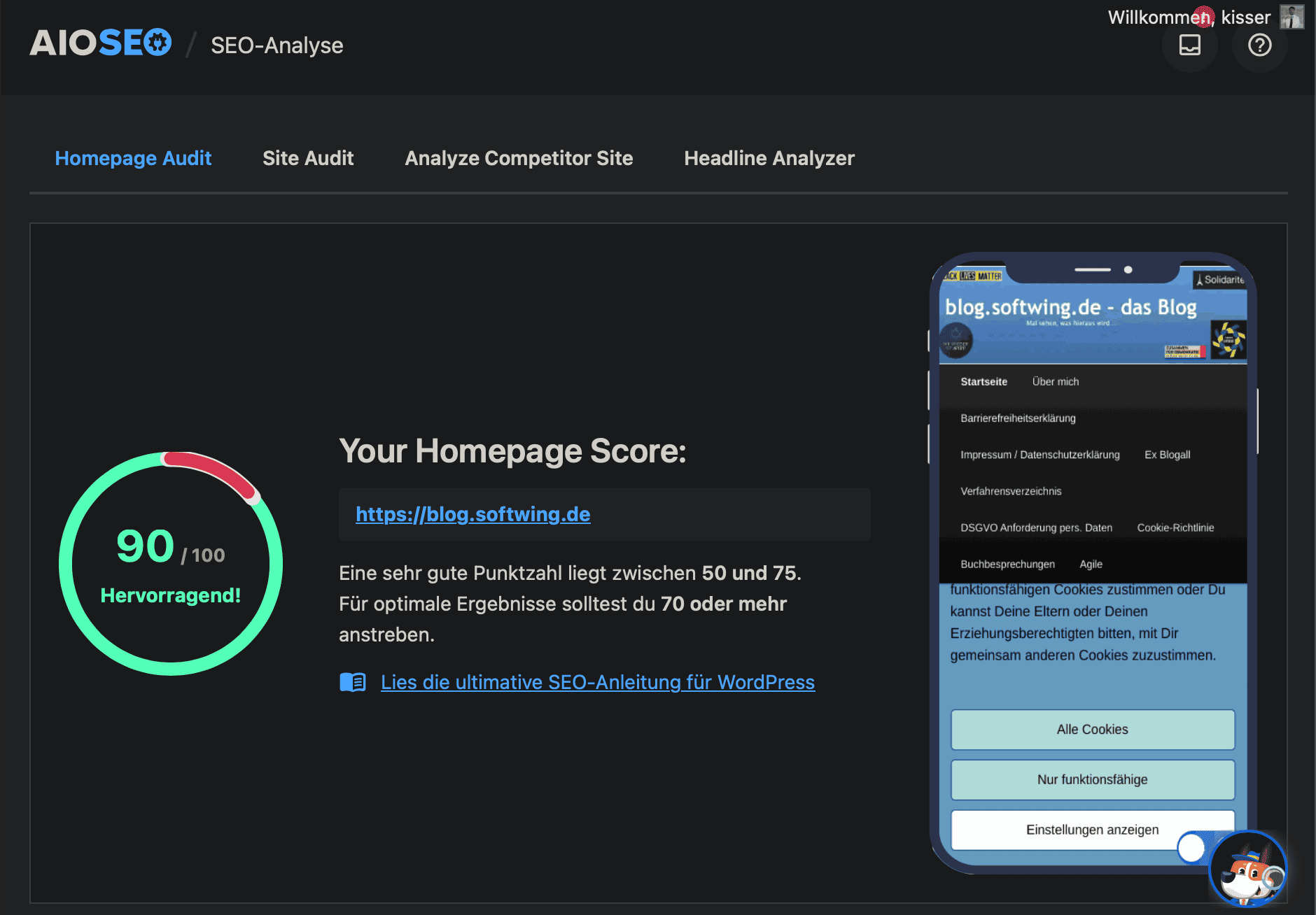 AIOSEO SEO-Analyse mit fast ganz gründen Kreis mit 90 von 100 und Rest rot.