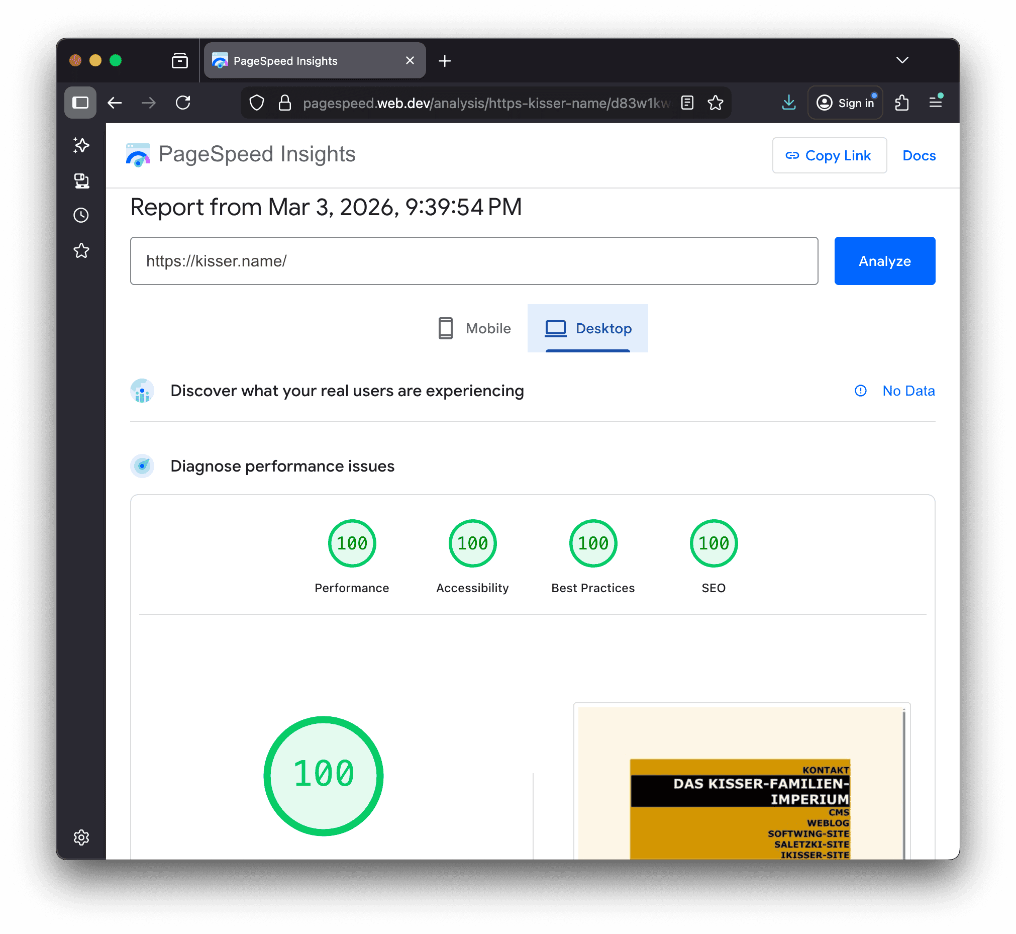 PageSpeed Insights mit Bestnoten für kisser.name in Desktop-Ansicht
