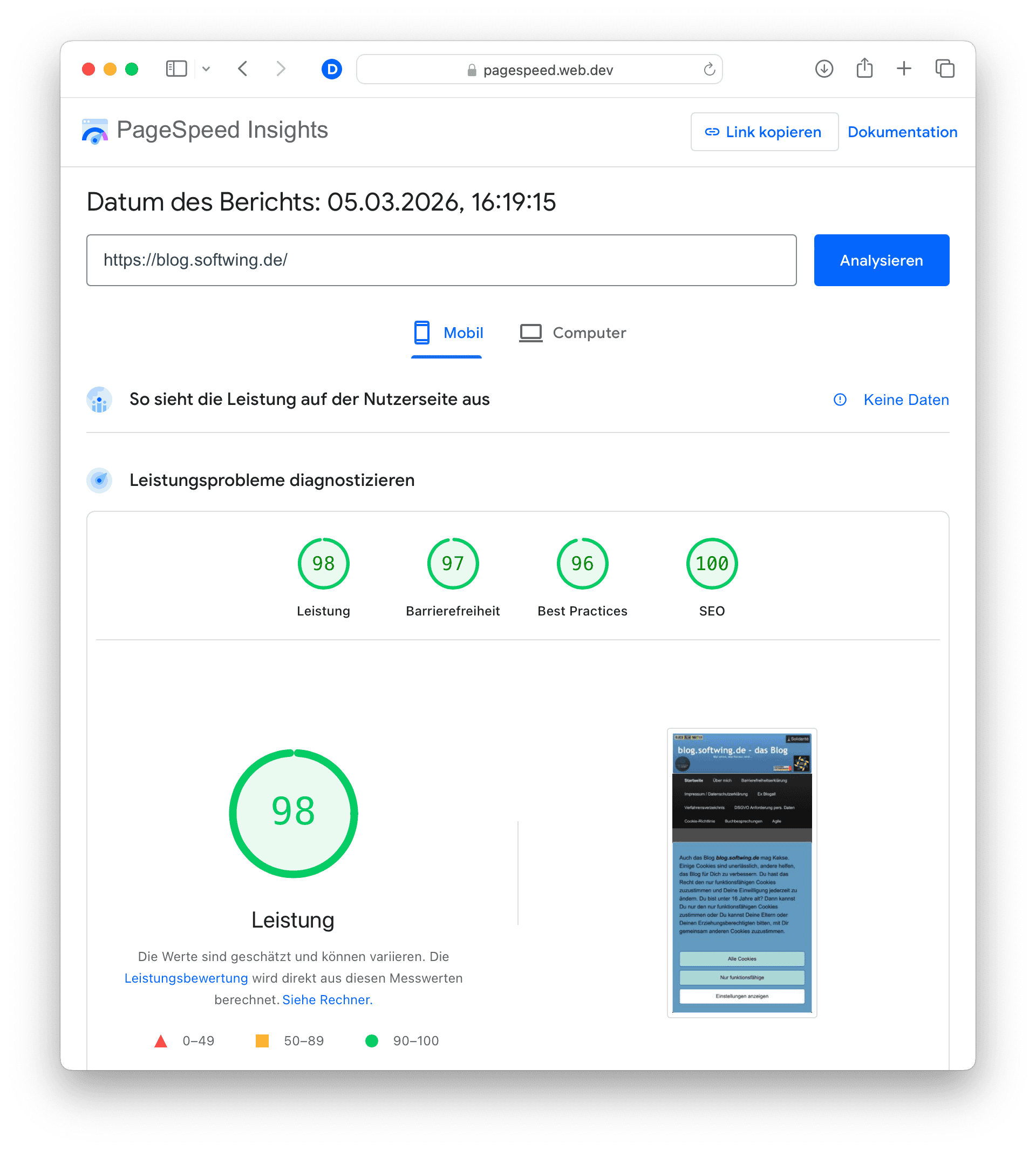 Sehr gute Werte Lighthouse-Werte von PageSpeed Insights für Mobil.