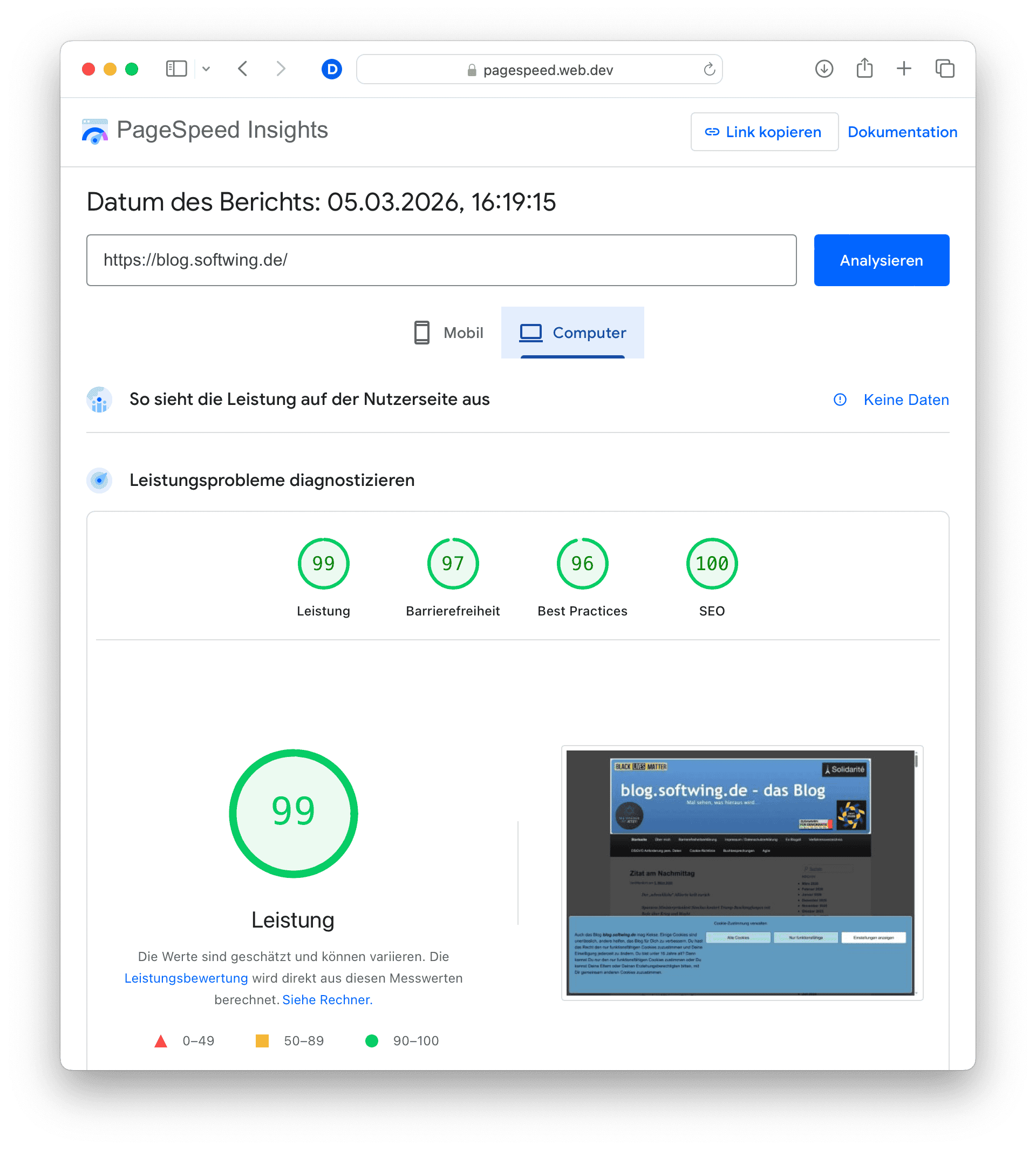 Sehr gute Werte Lighthouse-Werte von PageSpeed Insights für Desktop.