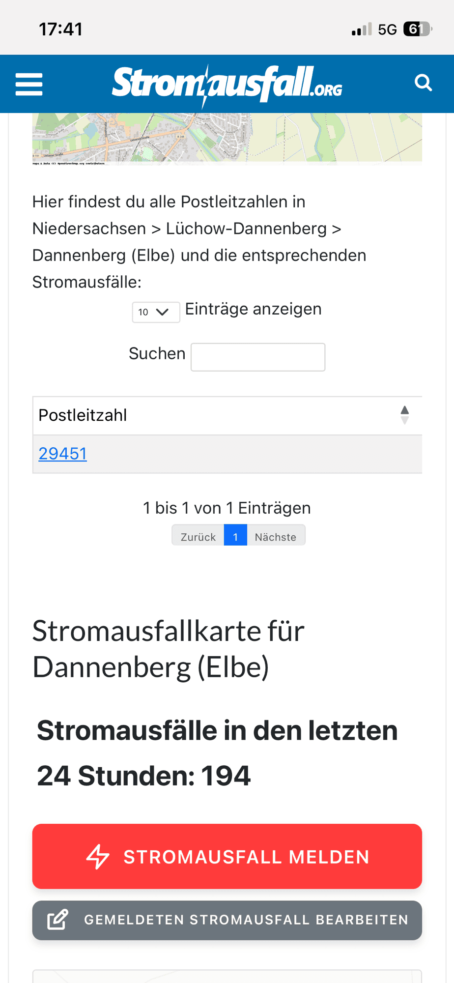 Stromausfall-Seite mit 194 Einträgen zu Dannenberg.