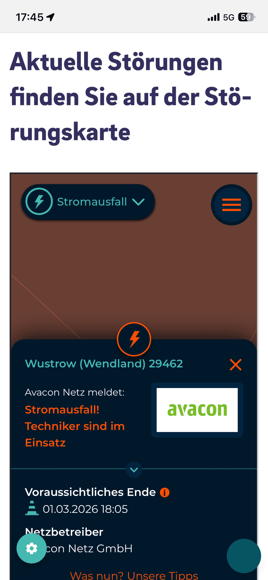 Avacon-Energieversorger mut Angaben zur Dauer des Ausfalls.