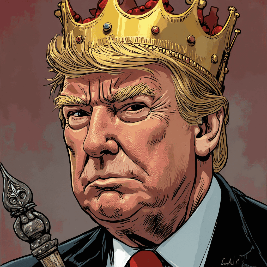 Portrait in Comicstyl von Präsident Donald Trump mit goldener Krone, Zepter und üblichen Outfit weißes Hemd, rote Krawatte und blaues Jacket.