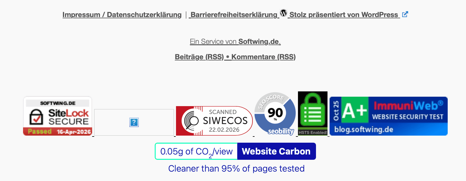 Der Footerbereich des Blogs mit broken image für das PageRank-Logo.