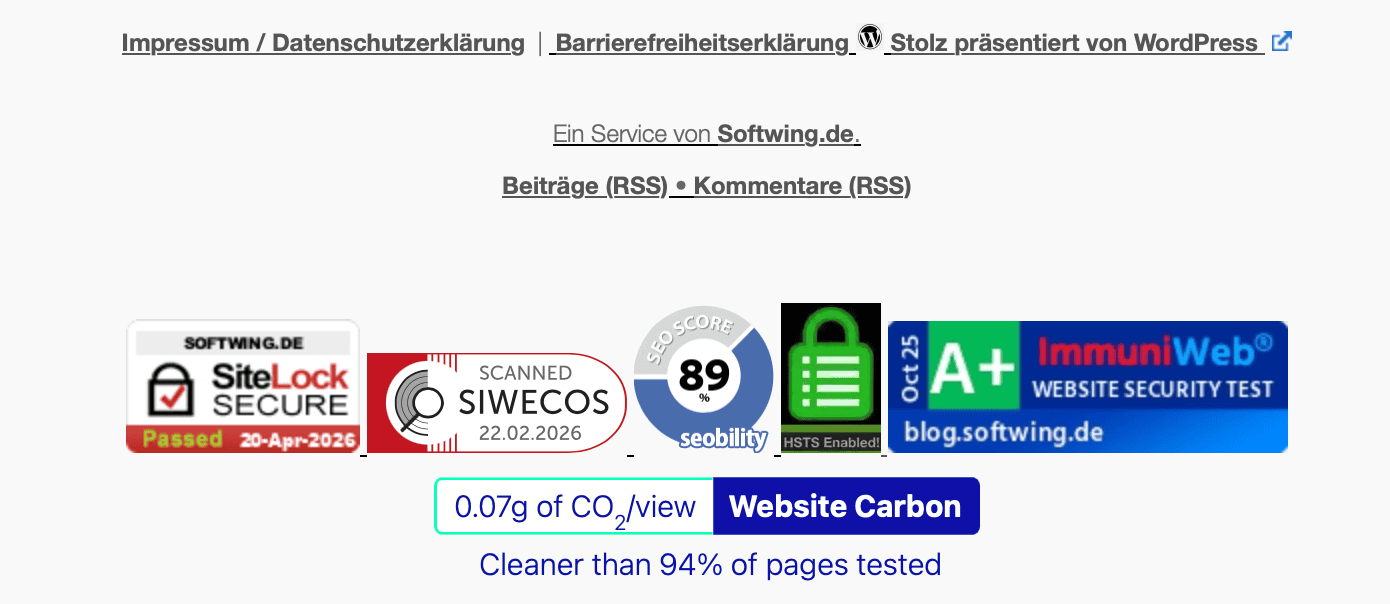 Blog-Footer u.a. mit den Siegeln der verschiedenen Anbieter wie SIWECOS.