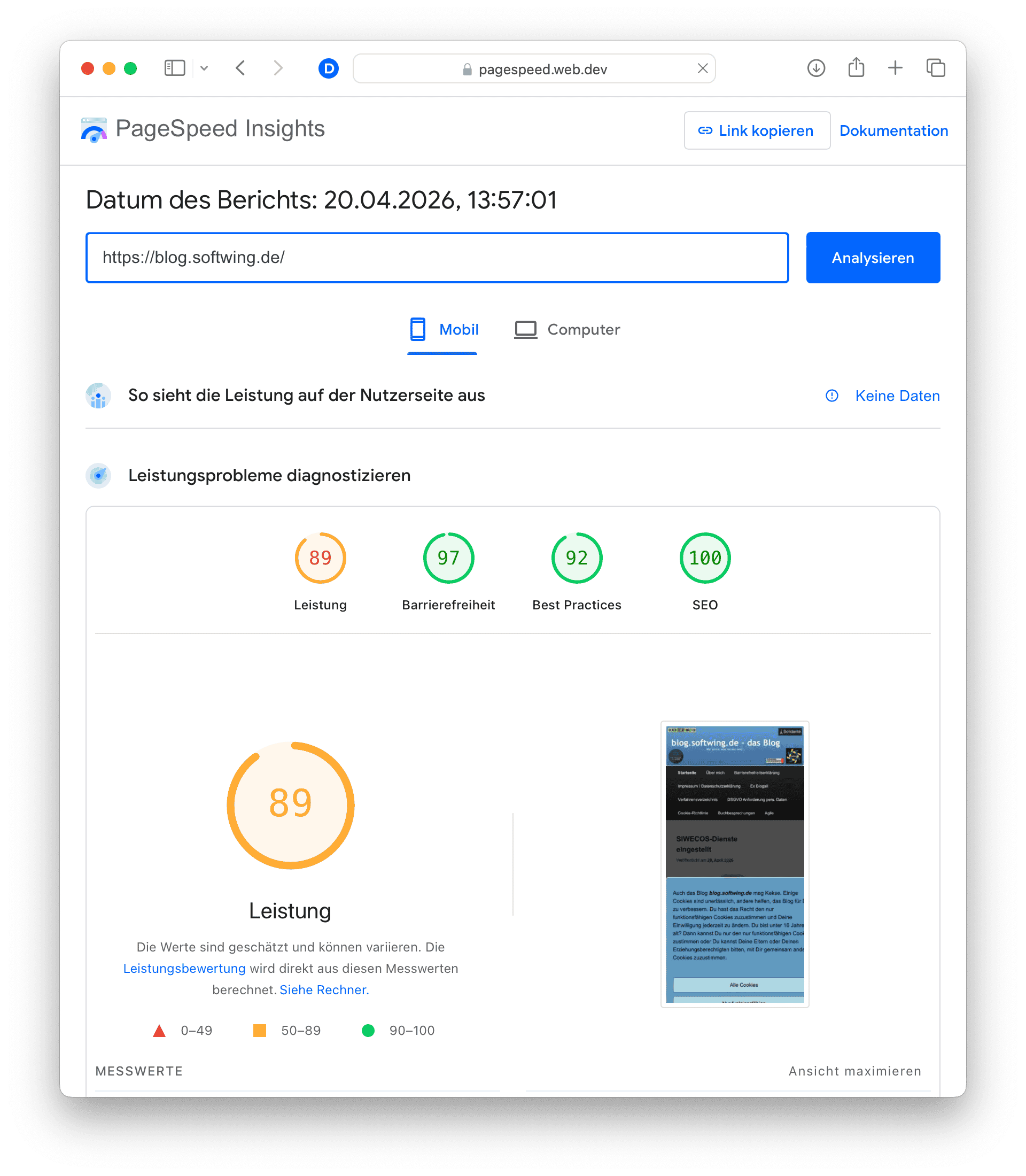 Durchaus gute Lighthouse-Werte des Blogs von PageSpeed Insights für Mobile.