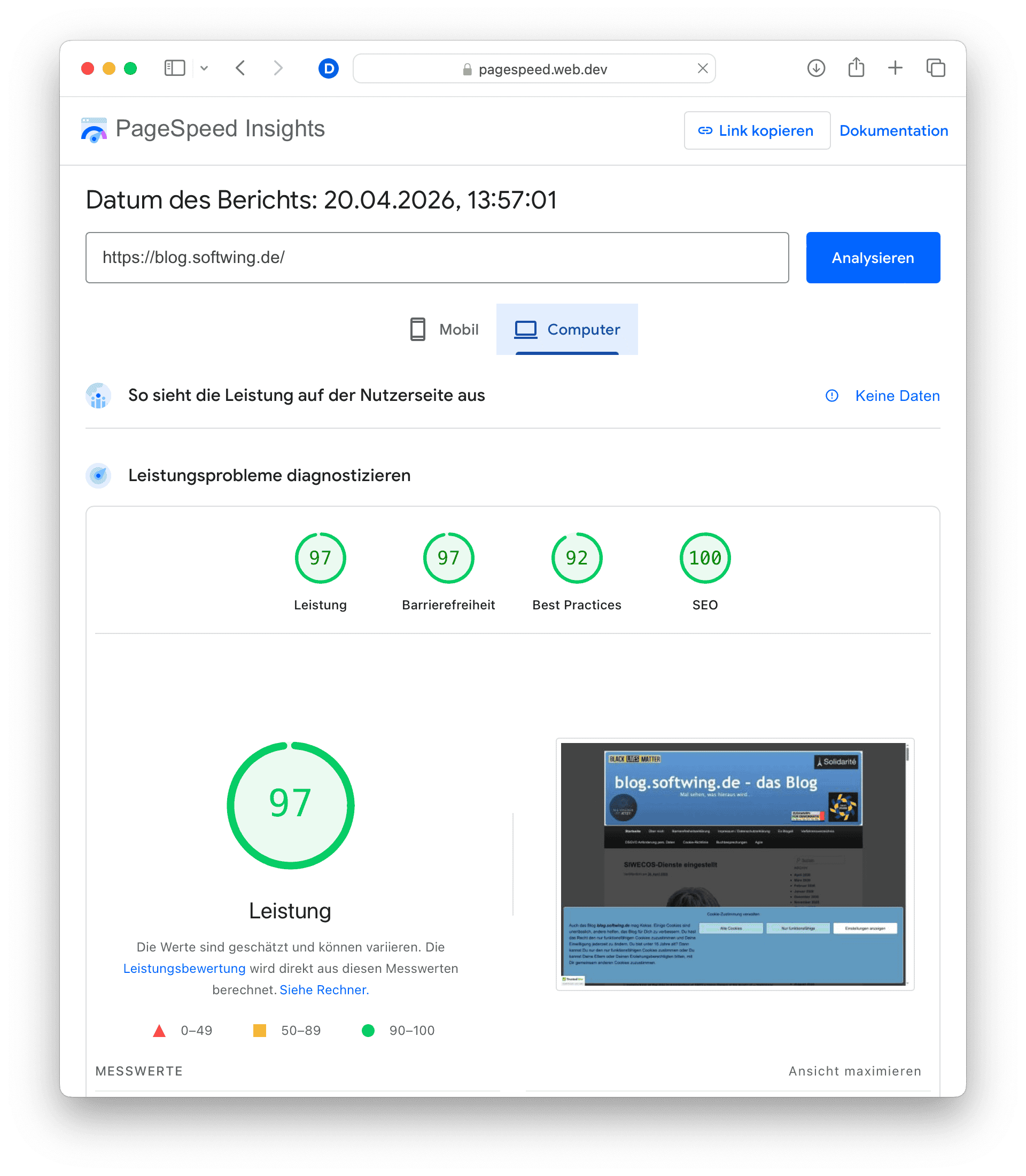 Durchaus gute Lighthouse-Werte des Blogs von PageSpeed Insights für Desktop.