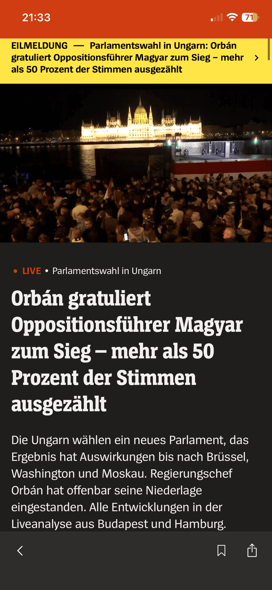 SPON mit gelber Eilmeldung, dass Orban Niederlage eingesteht und Leitartikel datu darunter.