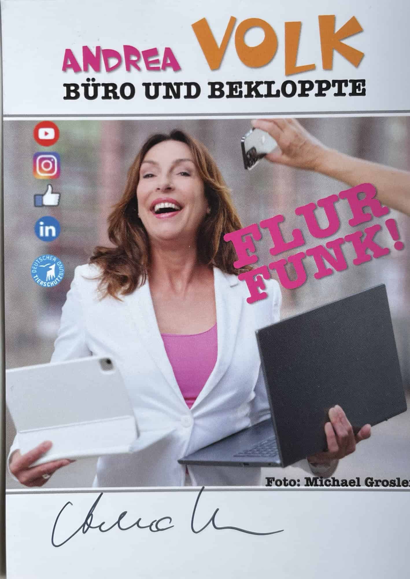 Fankarte mit Unterschrift von Andrea Volk zum aktuellen Programm 'Flurfunk - Büro und Bekloppte'