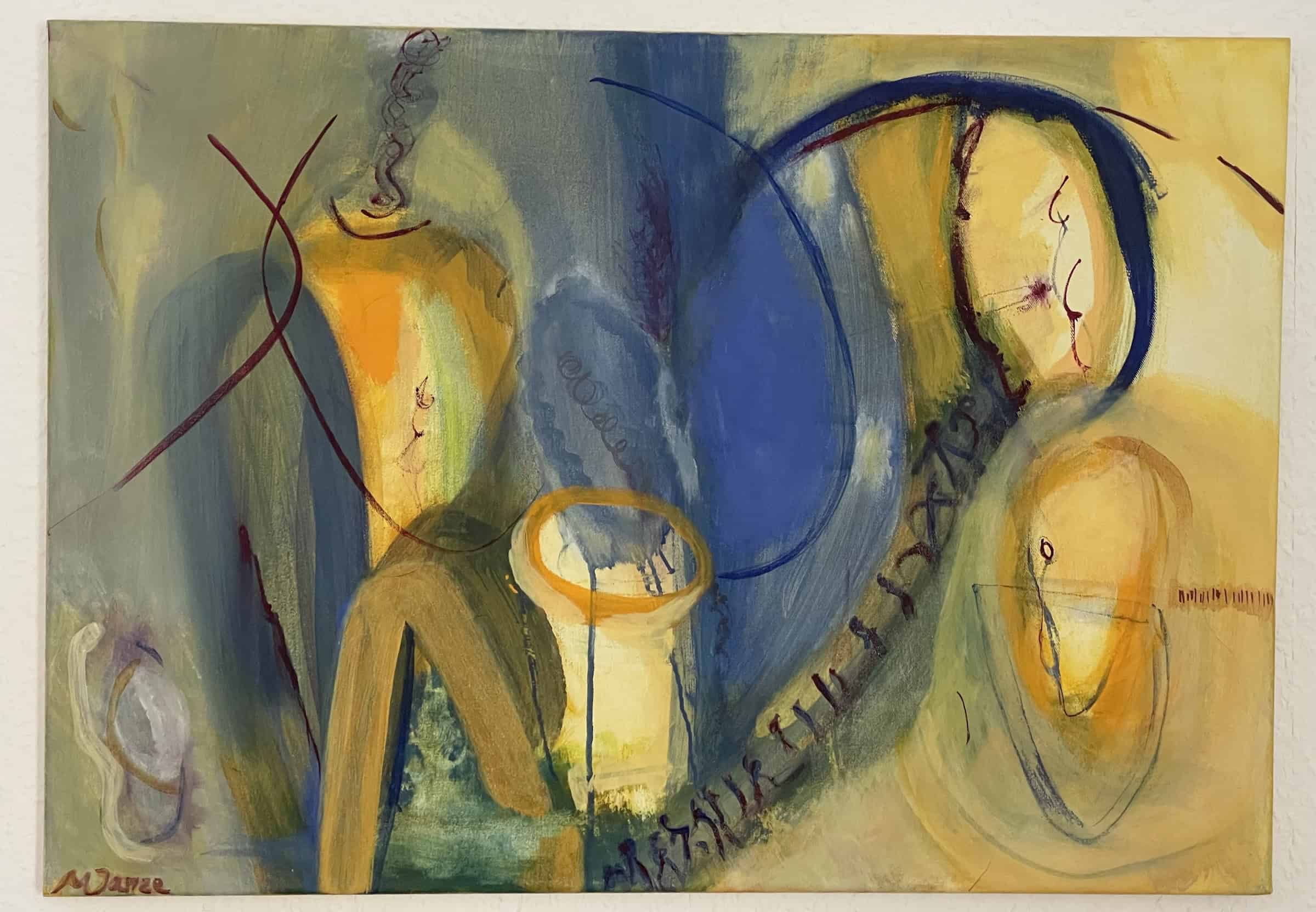 Abstraktes Gemälde von Marianne Janze in gelb, orange, blau und grünen Farben.