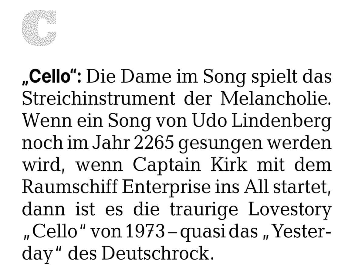 Kurztext zum Lindenberg-Evergreen 'Cello'.