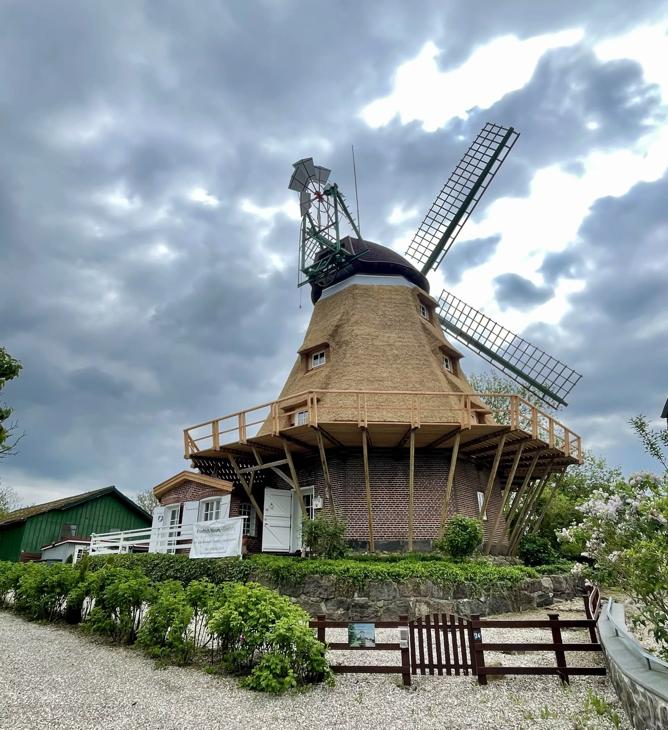 Windmühle, die neu mit Reet gedeckt wurde.