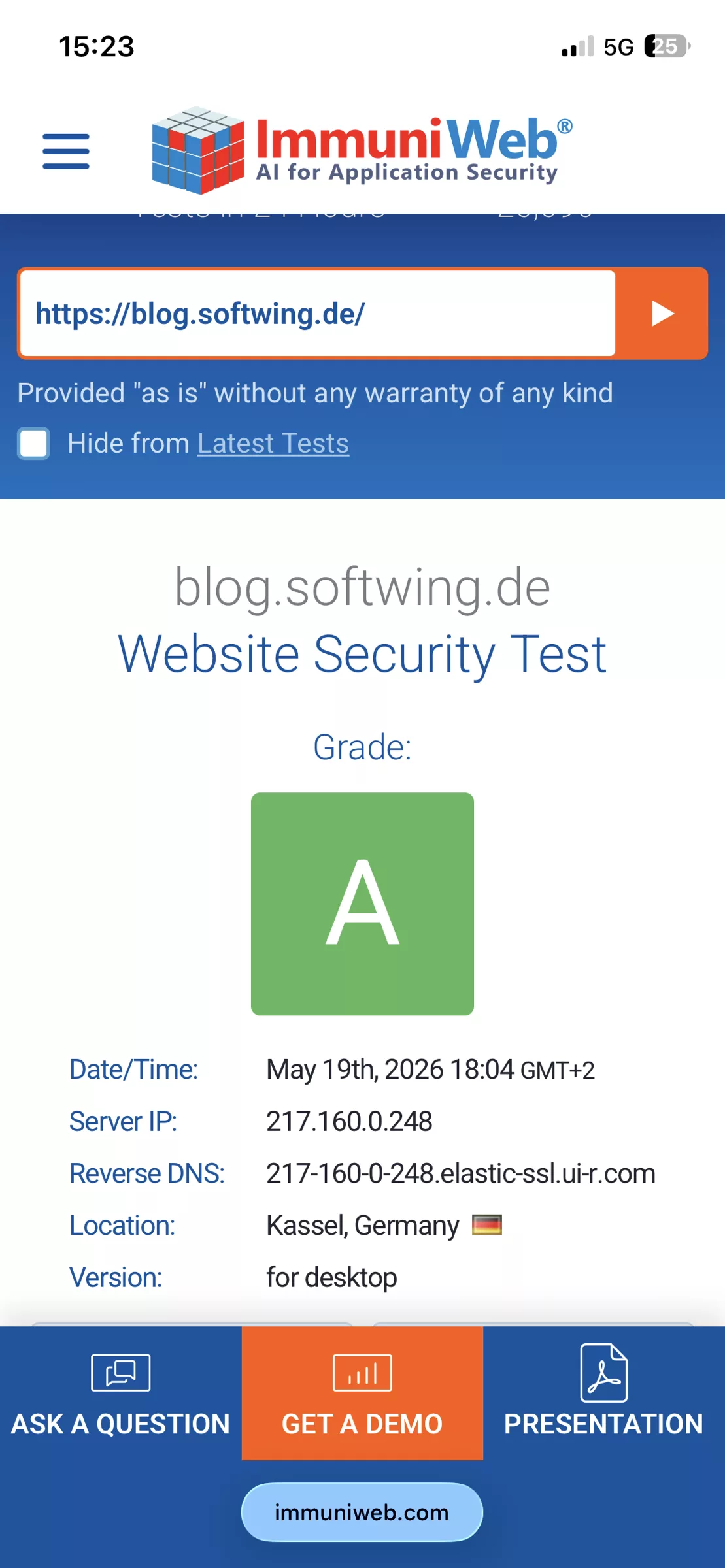 Mobile Seite von ImmuniWeb zu Website Security Test mit Ergebnis A für das Blog.
