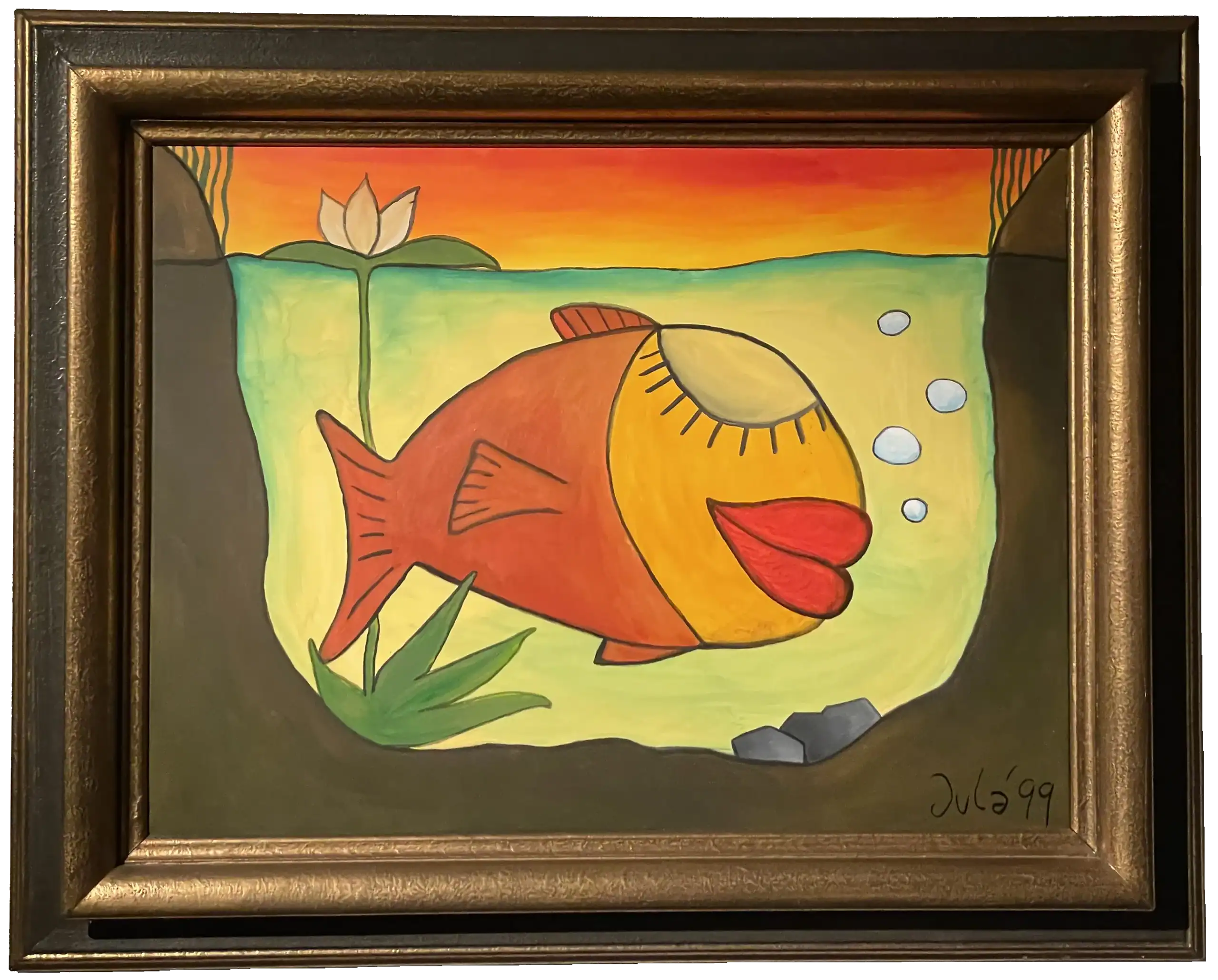 Gemaltes und geramtes Bild mit Fisch im Comic-Stil.