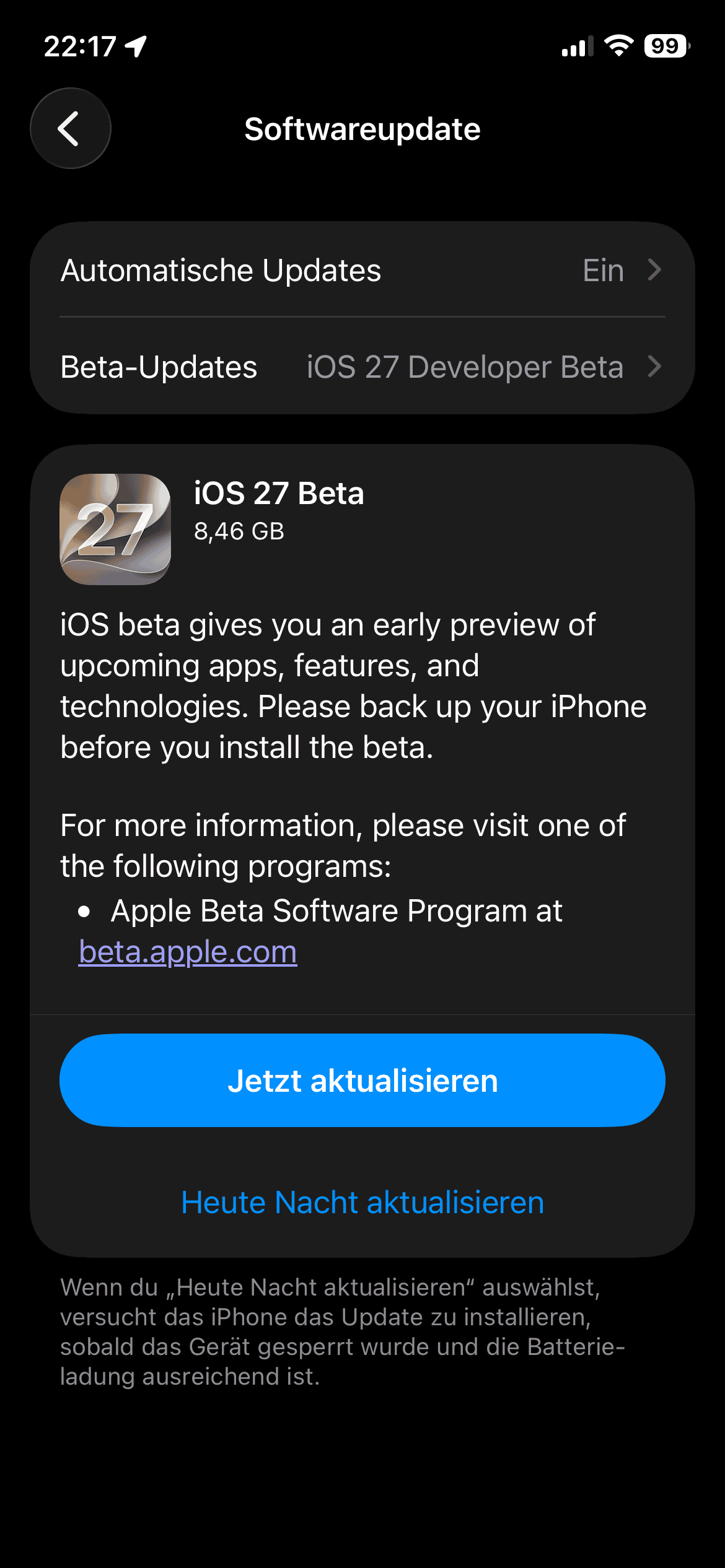 Installscreen von iOS 27 Beta 1