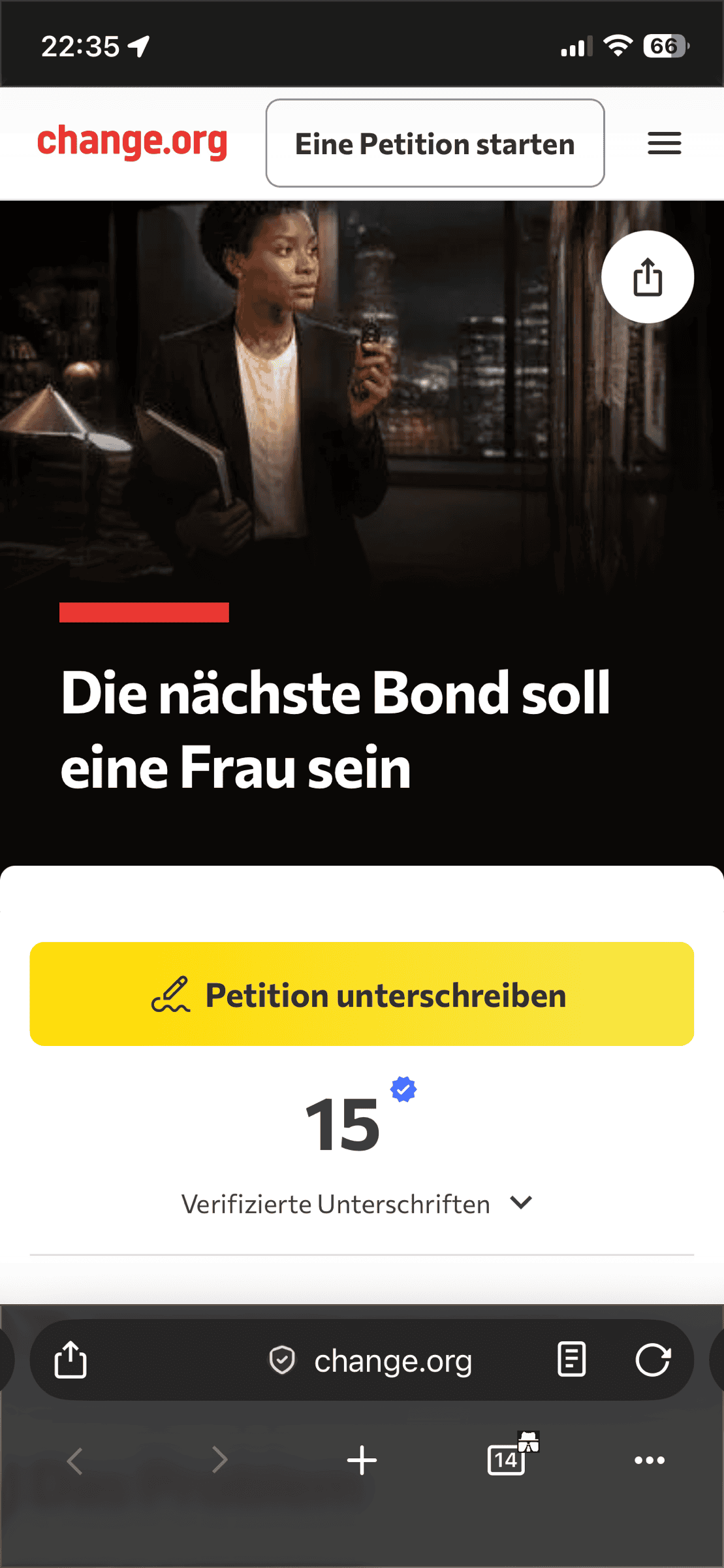 Change.org-Webseite meiner Petition: Die nächste Bond soll eine Frau sein.