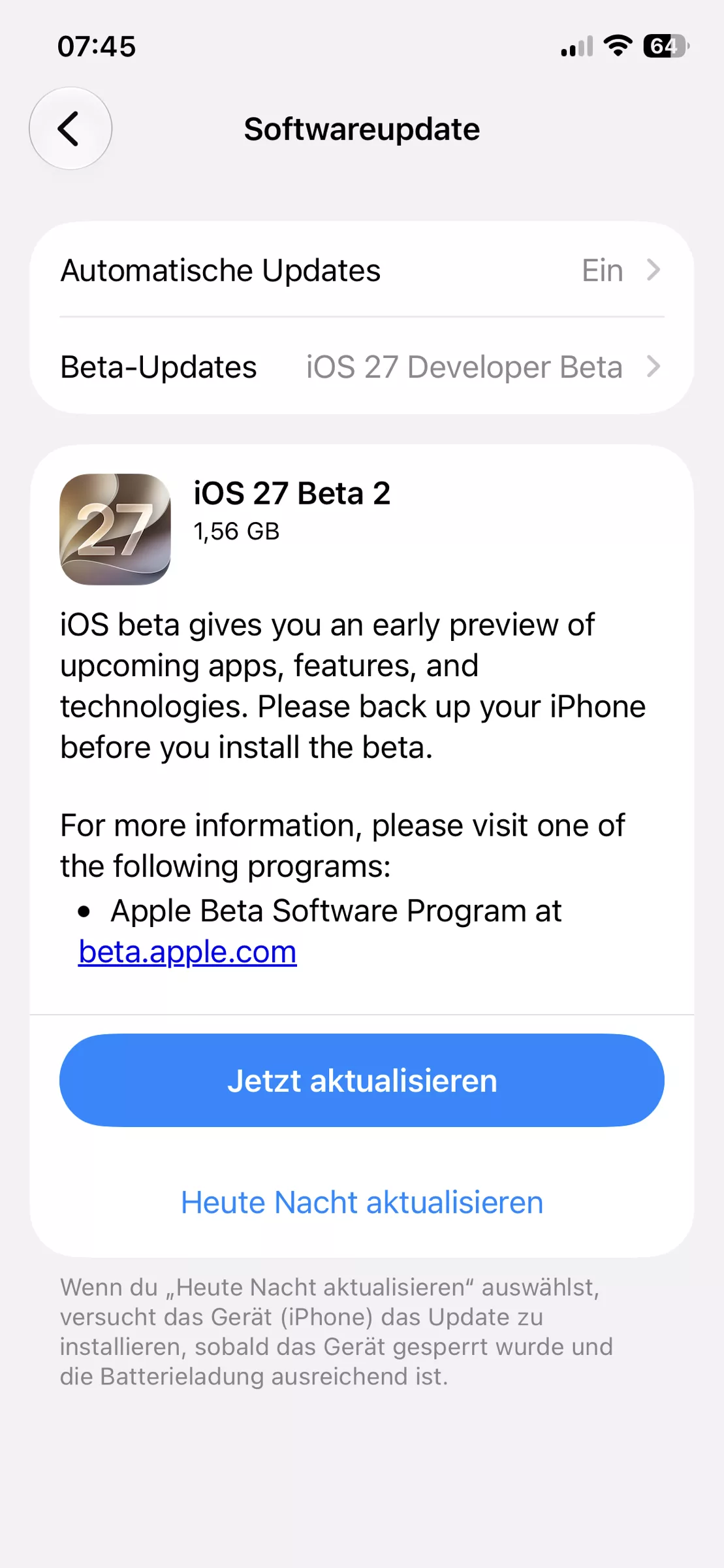 iOS 27 Beta 2 Install Screen