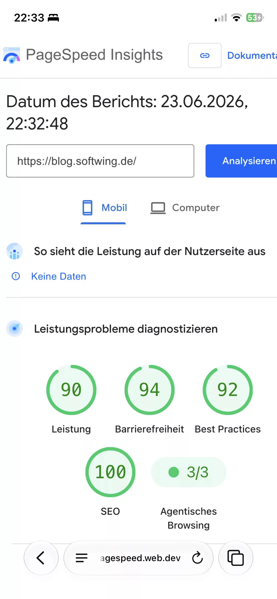 Allr Kreise in PageSpeed Insight für Mobile sind hrün.