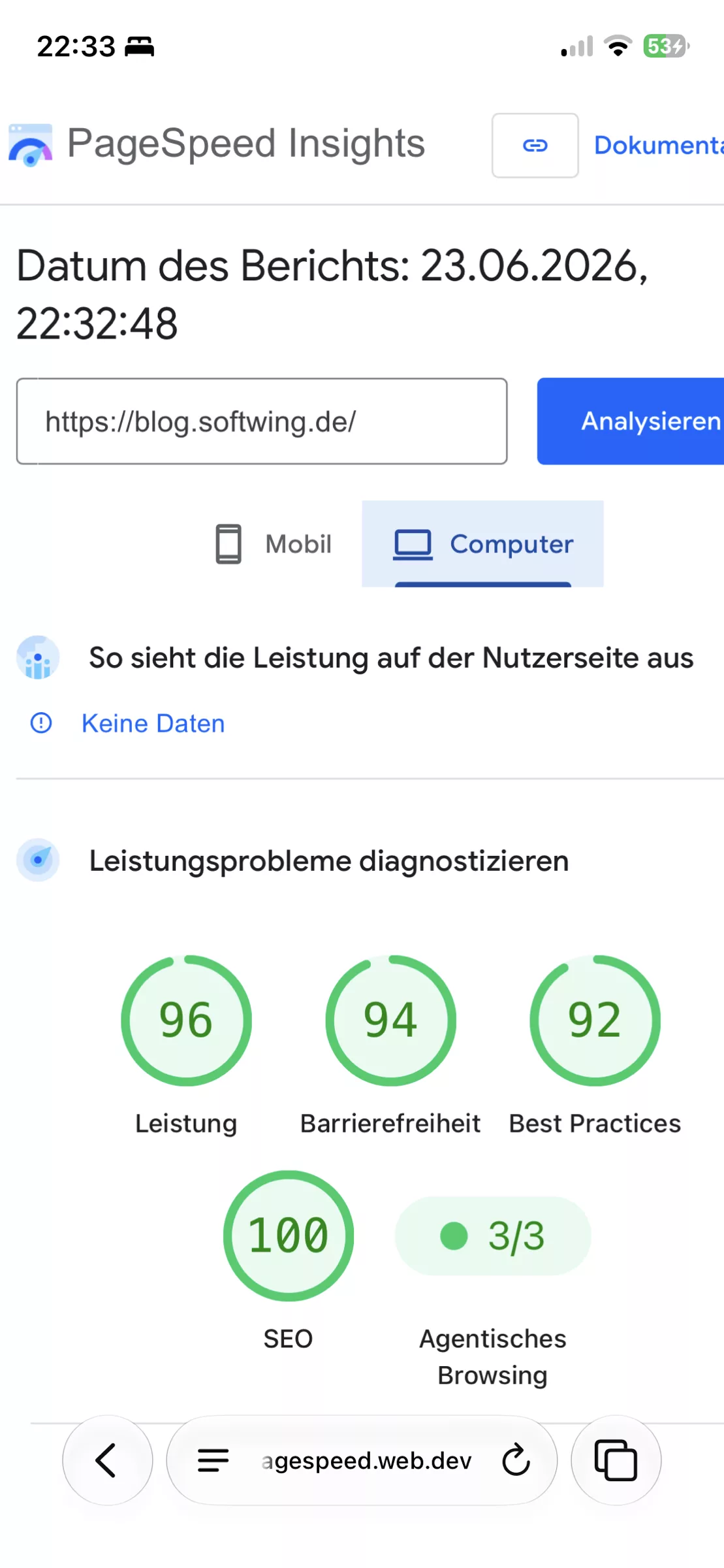 Allr Kreise in PageSpeed Insight für Desktop sind hrün.