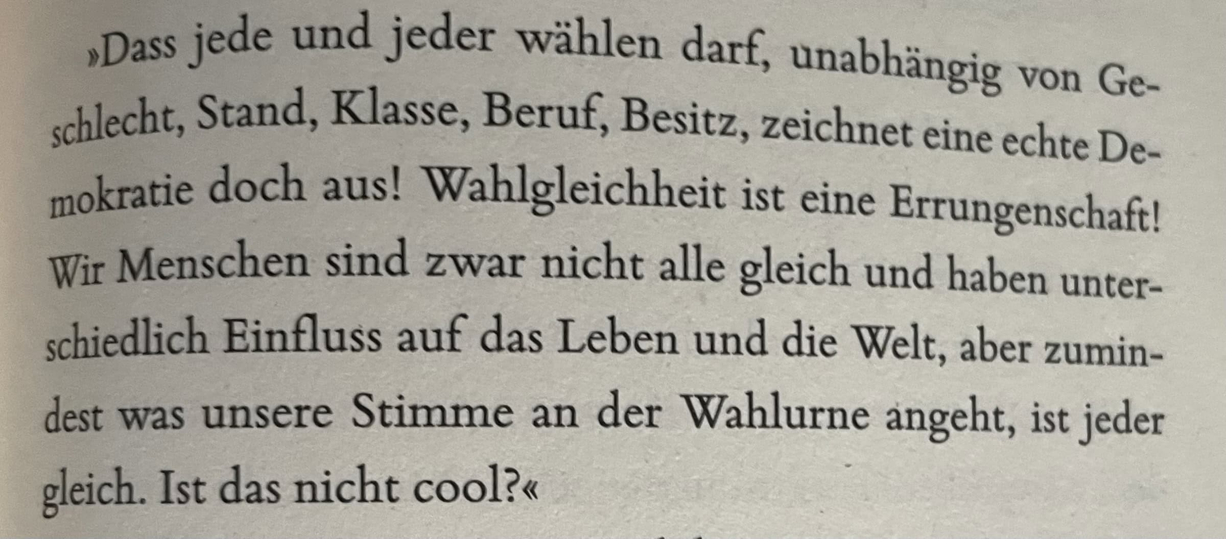 Zitat aus ‚Mein Kalufat‘ von Hasnain Kazim auf das Recht für alle, wählen zu können. Seite 209