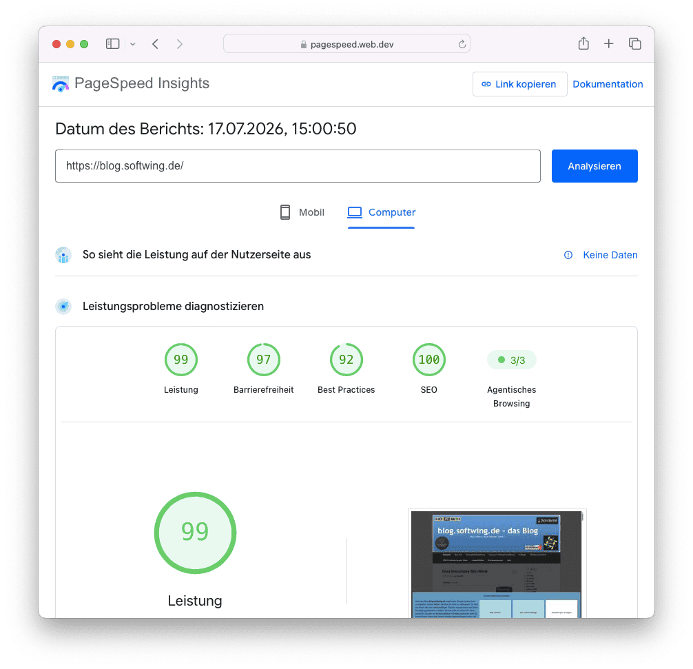 PageSpeed Insight mit guten Lightshows-Werten für das Blog im Bereich Desktop.