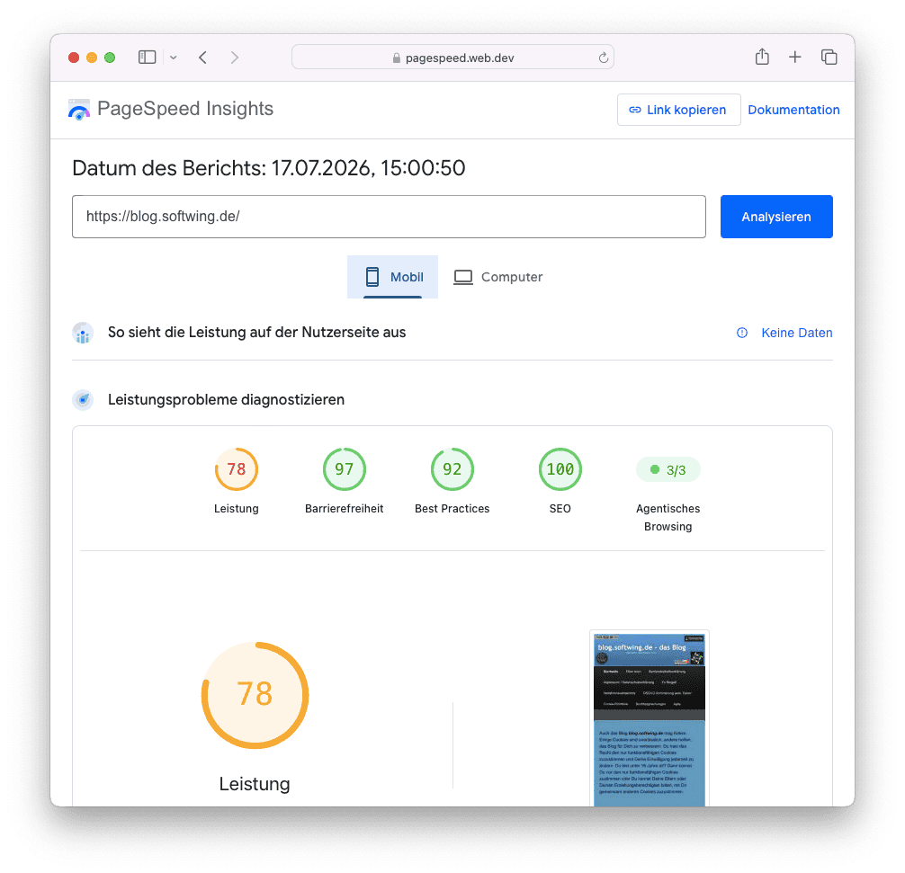 PageSpeed Insight mit guten Lightshows-Werten für das Blog im Bereich Mobile.