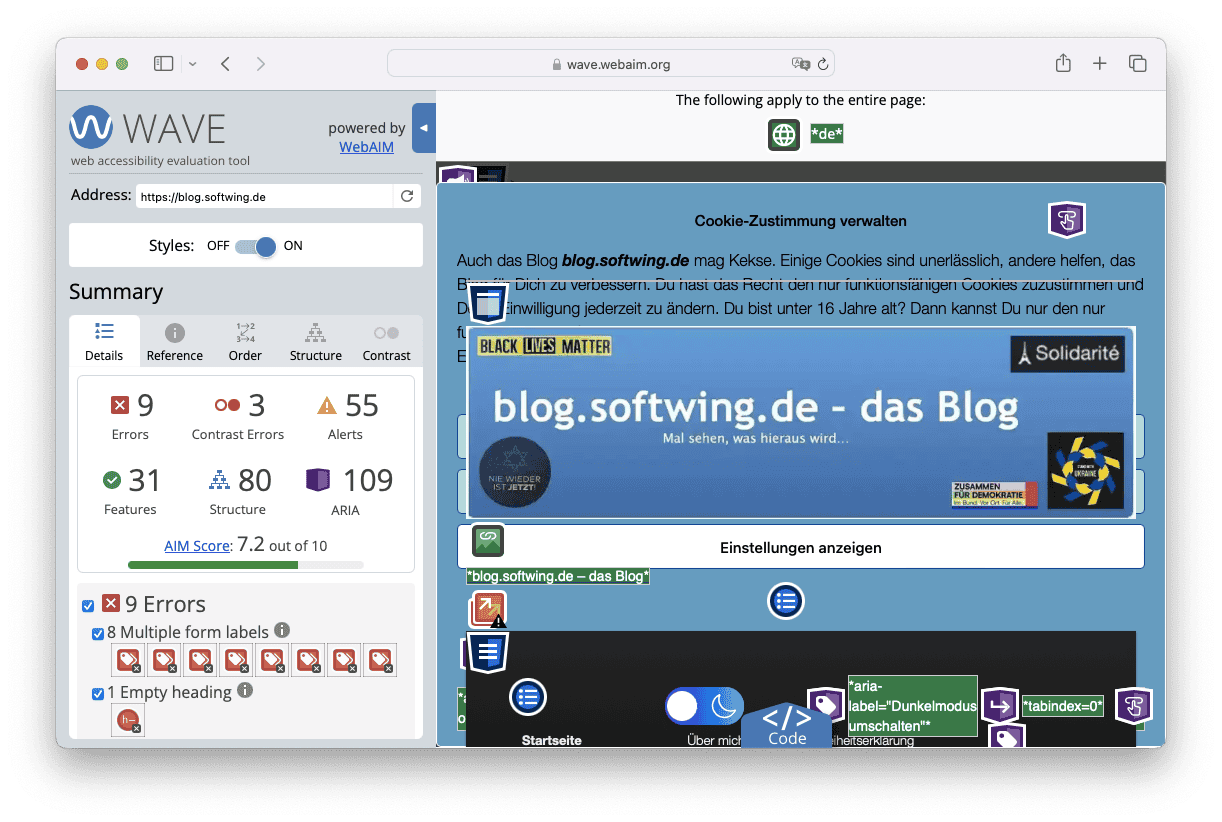 Screenshot der Barrieretestseite Wave von Web aim mt einem AIM Score von 7,2.