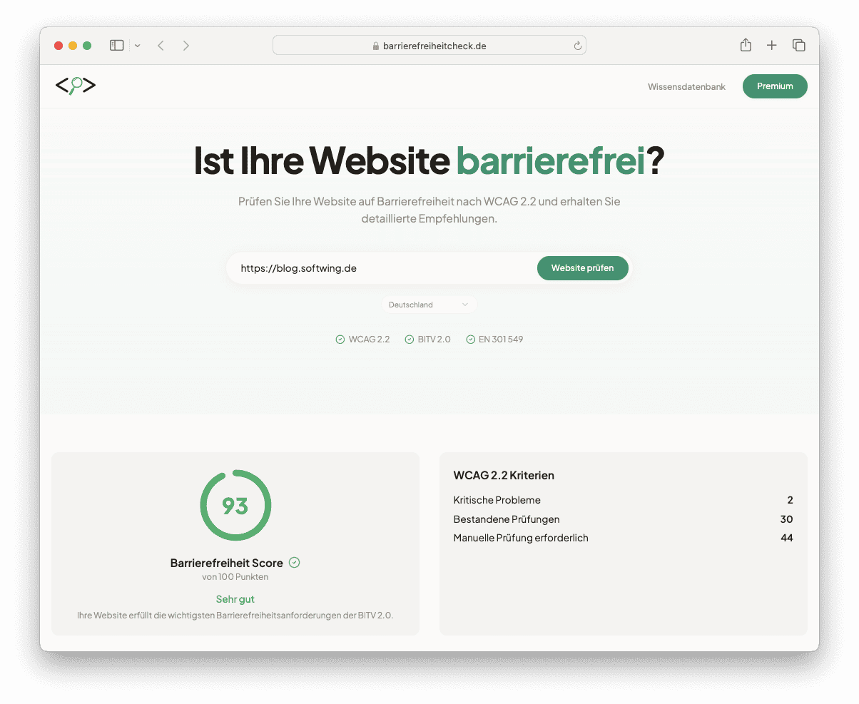 Barrieretest des blogs mit 93 Punkten bei barrierefreiheitstest.de.