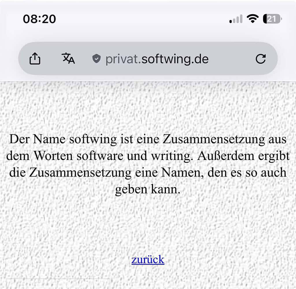 Screenshot des Zitats der Softwing-Unterseite zum Namen Softwing.