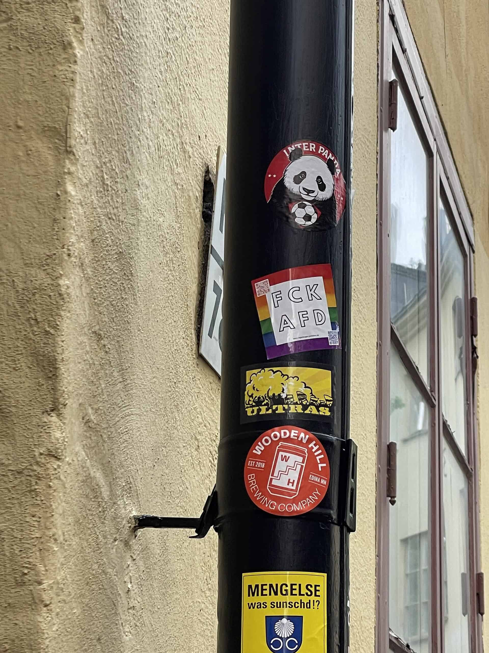 Regenbogenumrandete AfD-Aufkleber mit anderen an Regenwasserfallrohr.