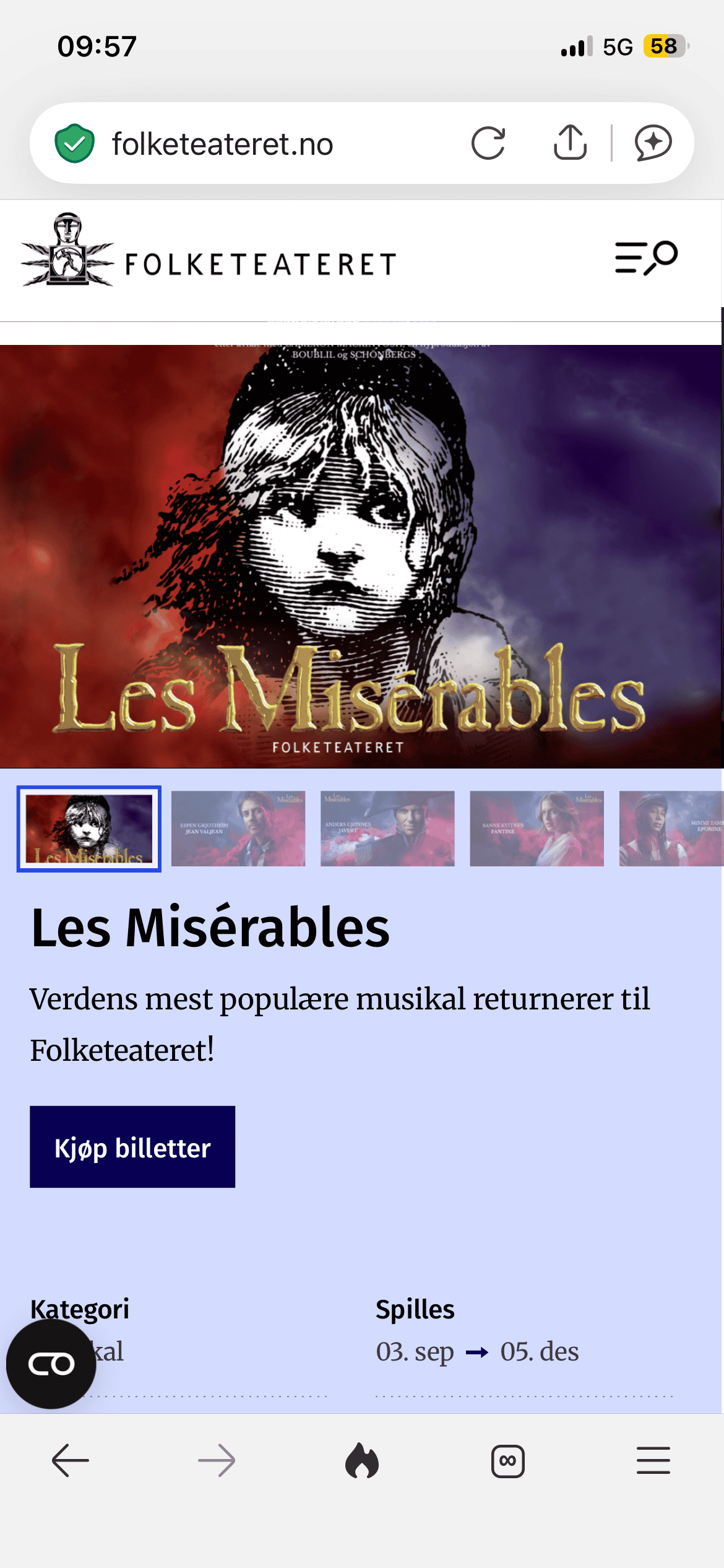 Webseite mit den bald startenden Musical Les Miserables in Oslo.