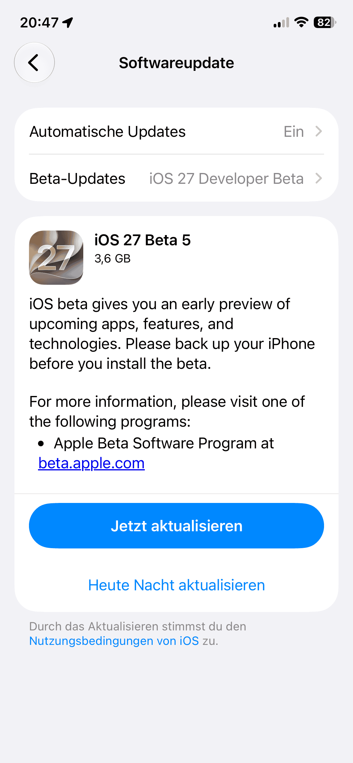 Screen des iOS 27 Beta 5 Softwareupdates