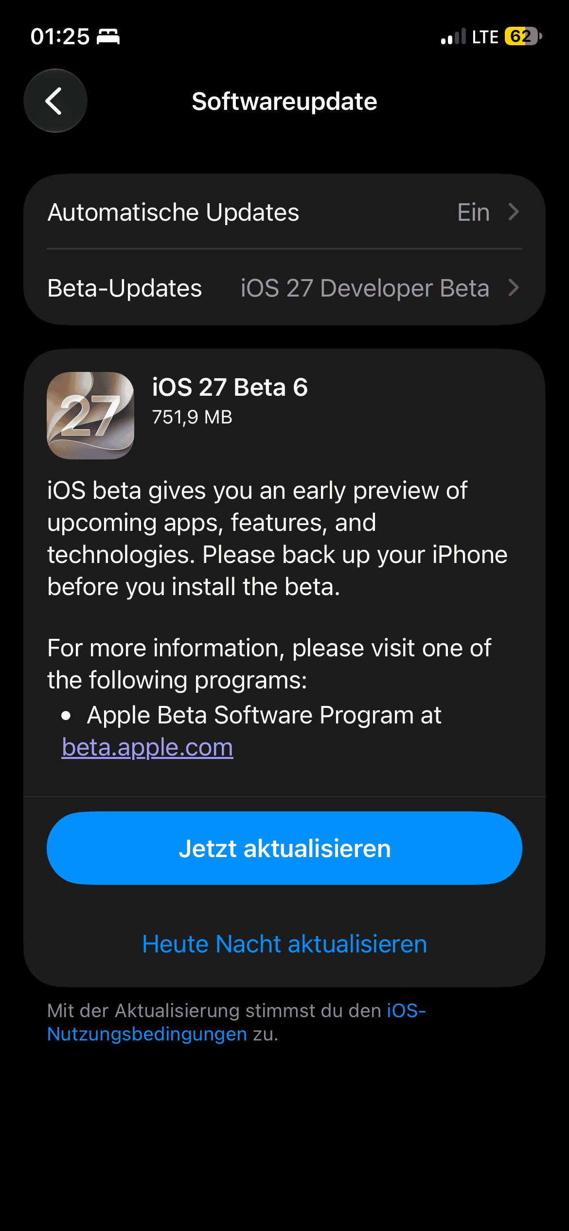 Installscreen von iOS 27 Beta 6.