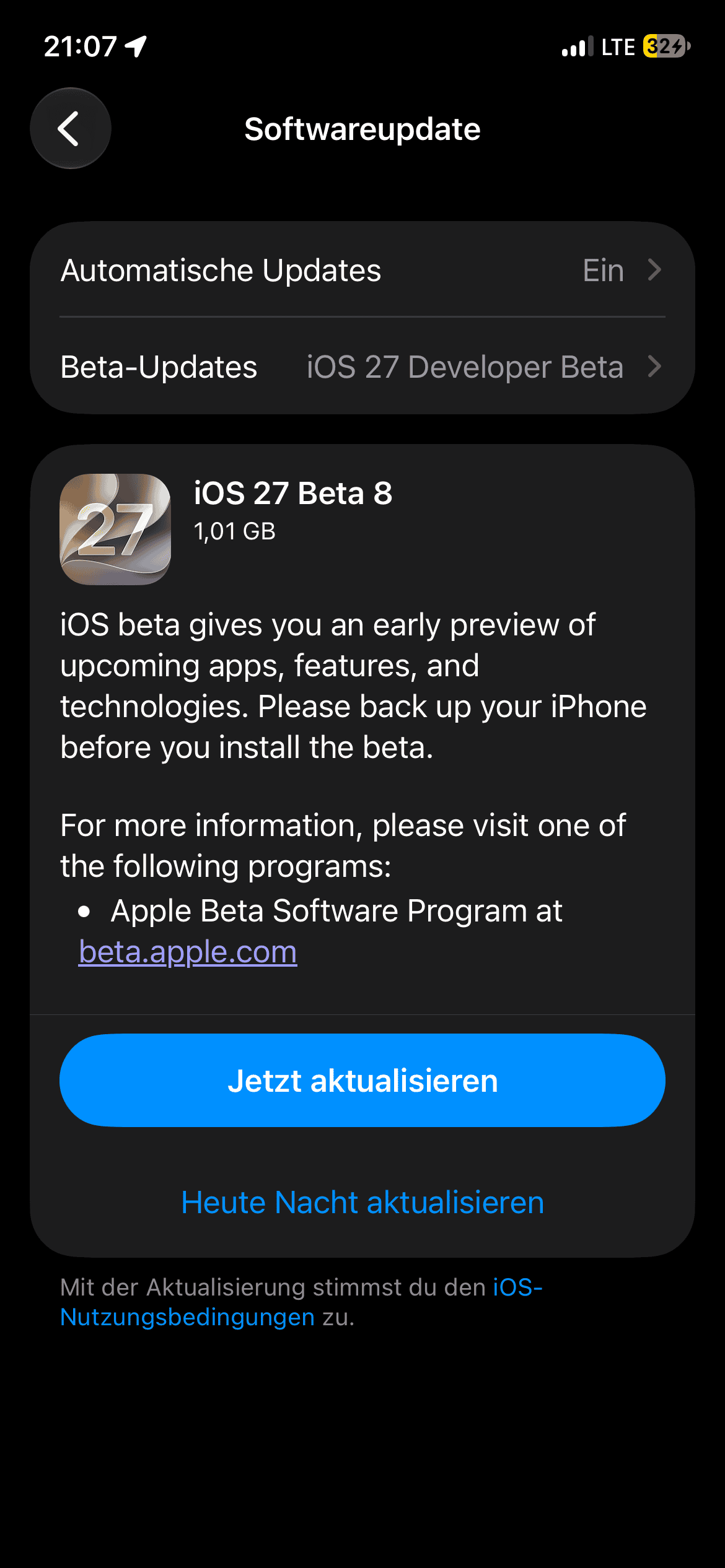 Screenshot des iOS 27 Beta 8 Installers.