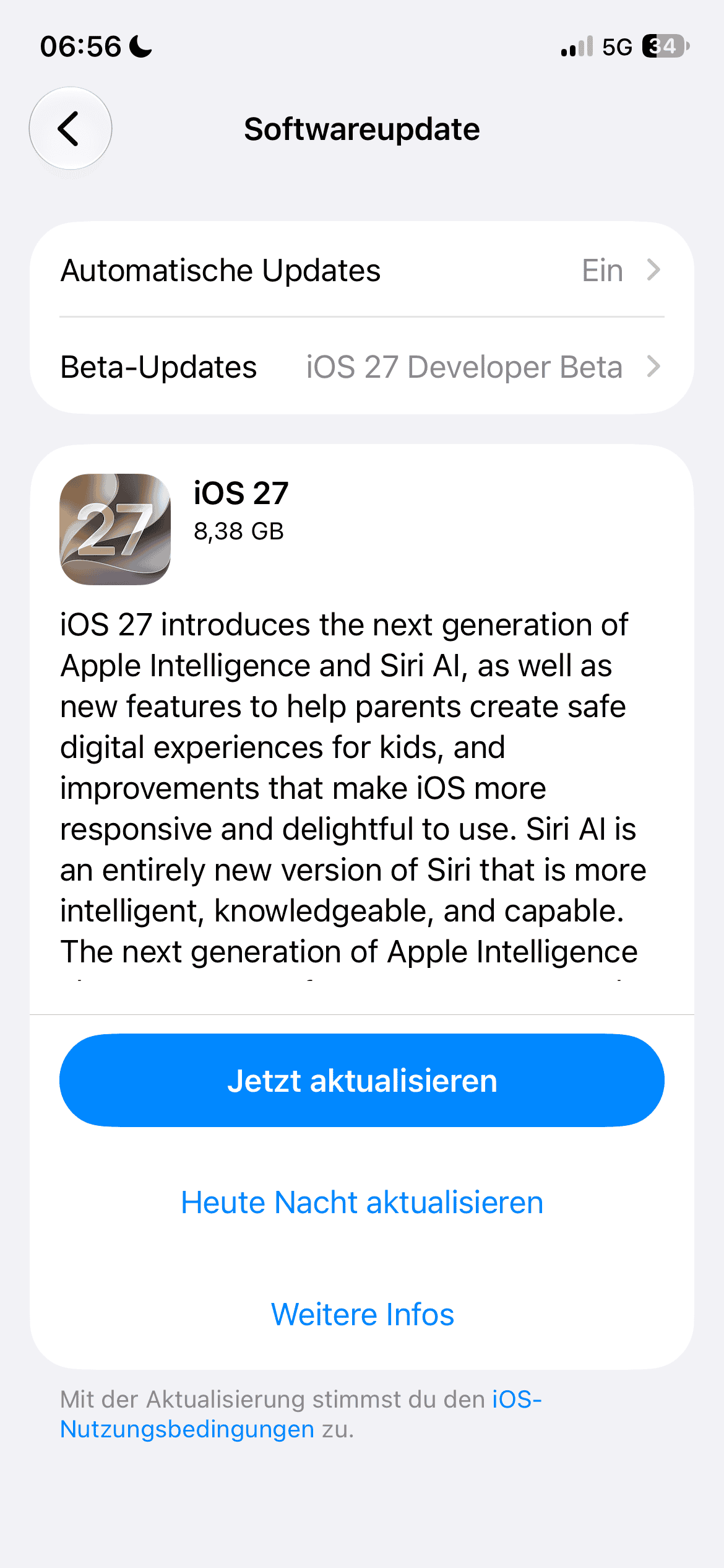 iOS 27 Installschirm vom 10.09. mit englischer Information.
