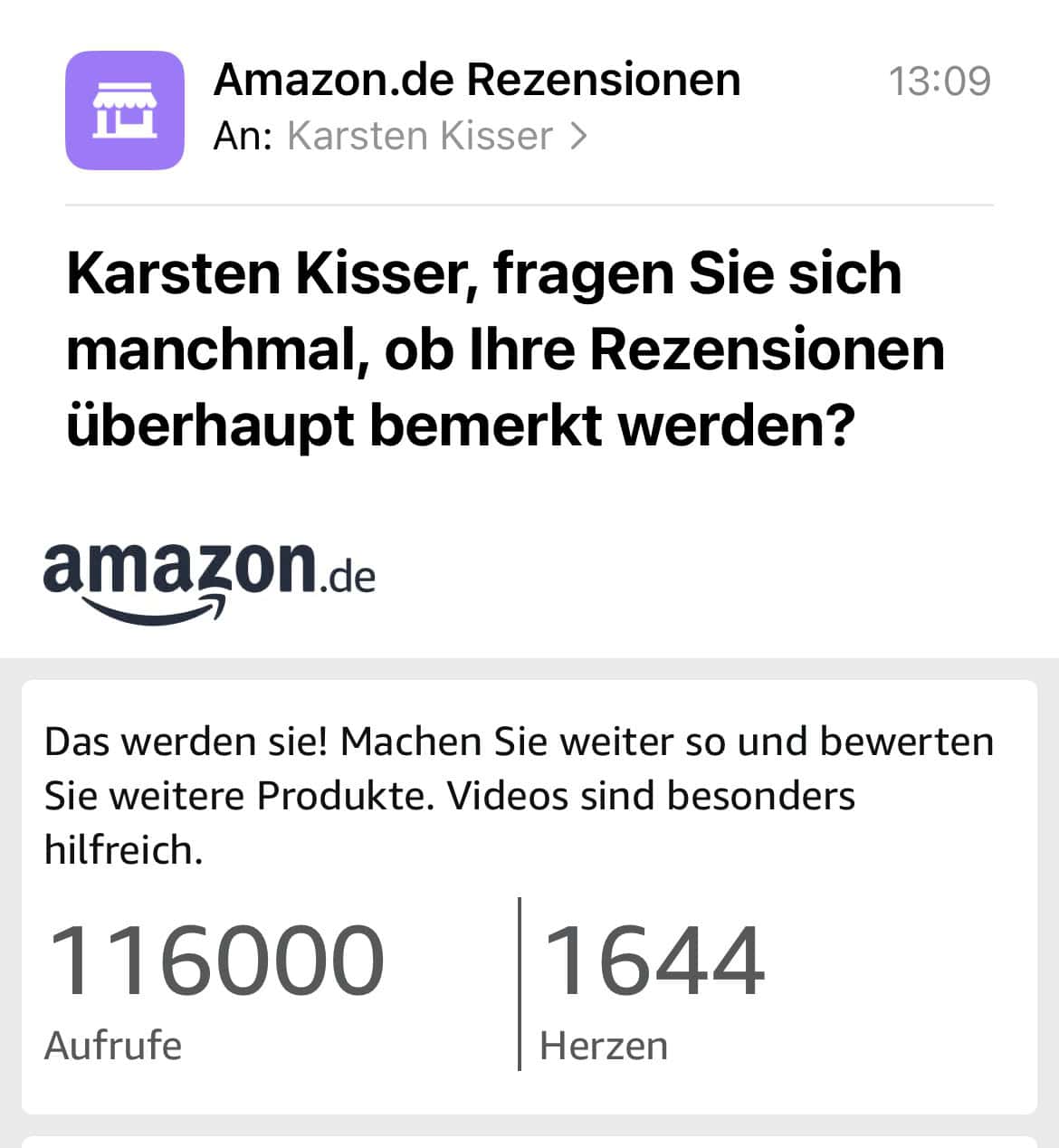Ausschnitt aus einer Amazon-Mail zu Aufrufe meiner Rezensionen und Herzen (positive Rezensionsrückmeldungen).