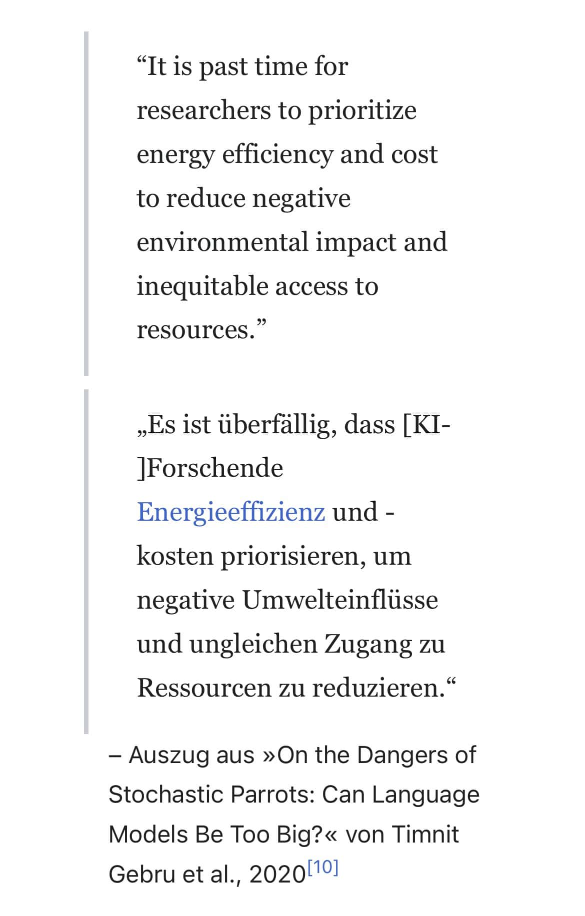 Zitat von KI-Forscherin Timnit Gebru zu Unweltkosten von KI.