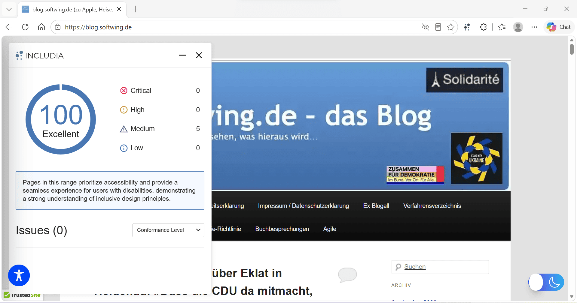 100 Punkte Includia Barrierefreiheitsergebnis für das Blog im Hellmodus.