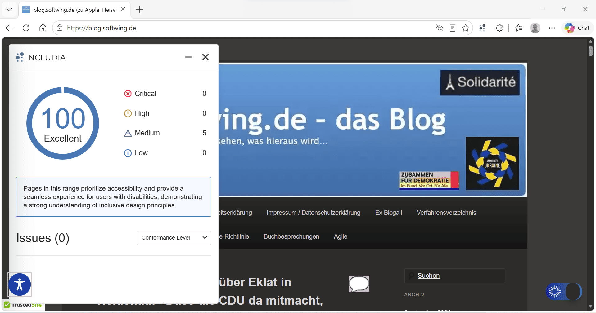 100 Punkte Includia Barrierefreiheitsergebnis für das Blog im Dunkelmodus
