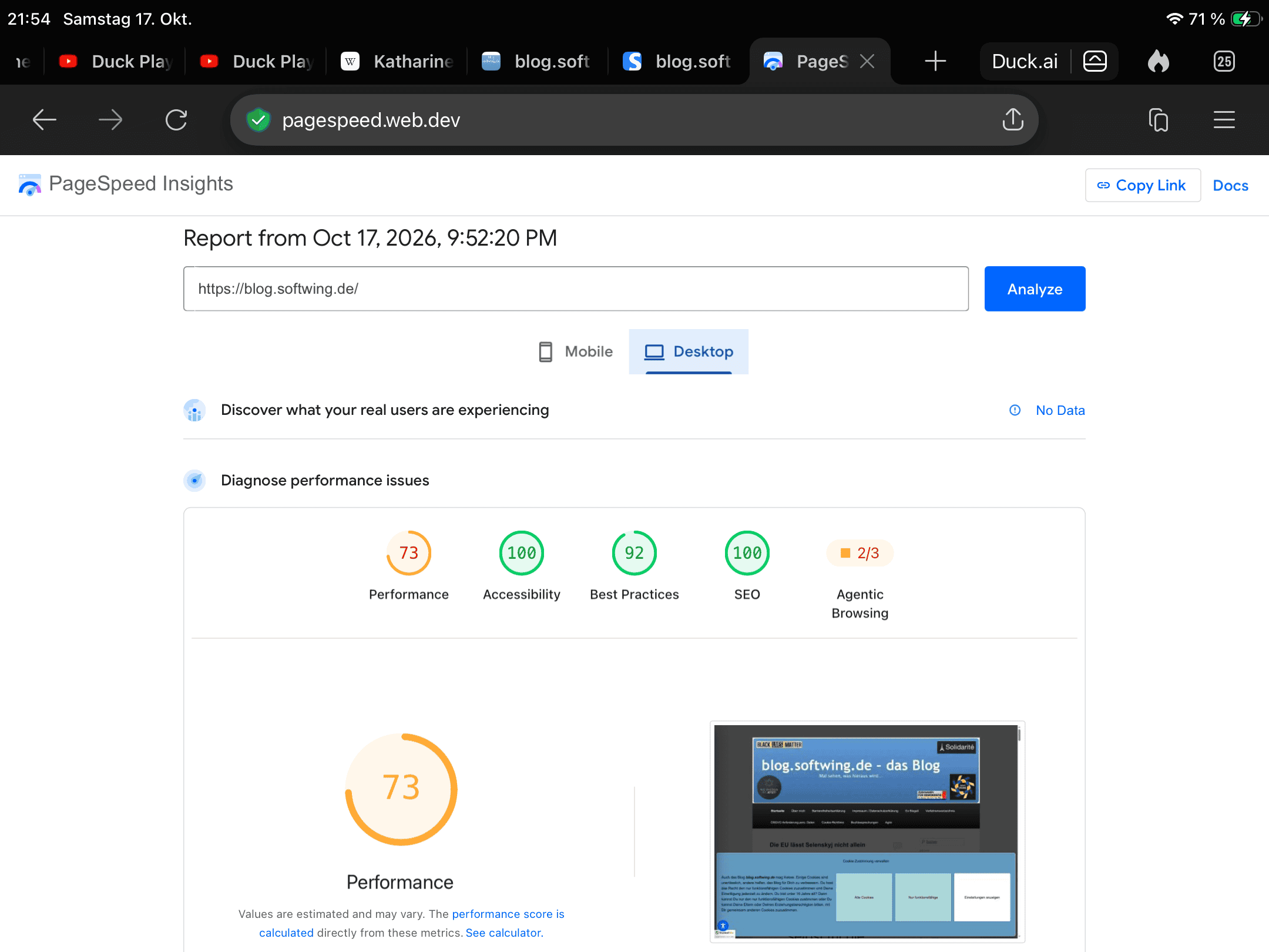PageSpeed Insights mit mäßigen Lighthouse-Werten fürs Blog in der Desktop-Ansicht.