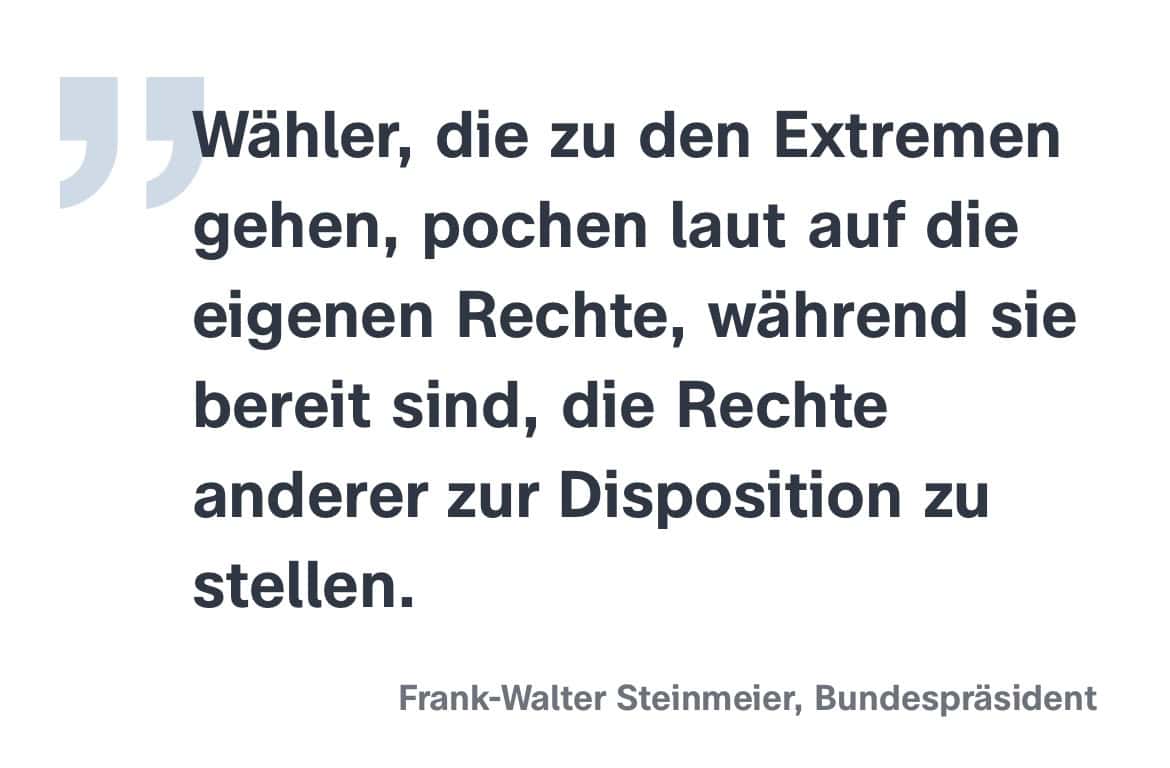  Frank-Walter Steinmeier, Bundespräsident: Wähler, die zu den Extremen gehen, pochen laut auf die eigenen Rechte, während sie bereit sind, die Rechte anderer zur Disposition zu stellen.