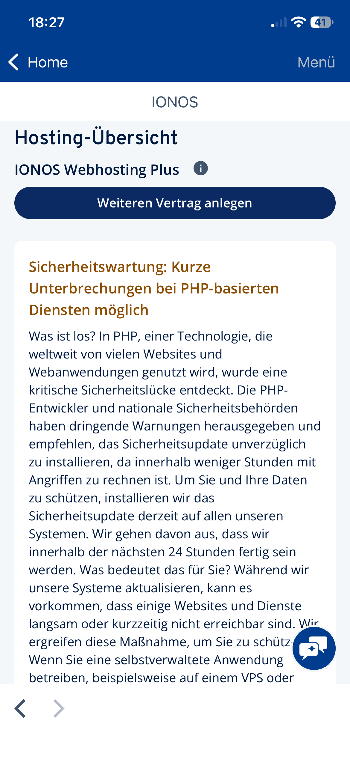 IONOS App mit Information zum PHP und dem anstehenden Patchen.