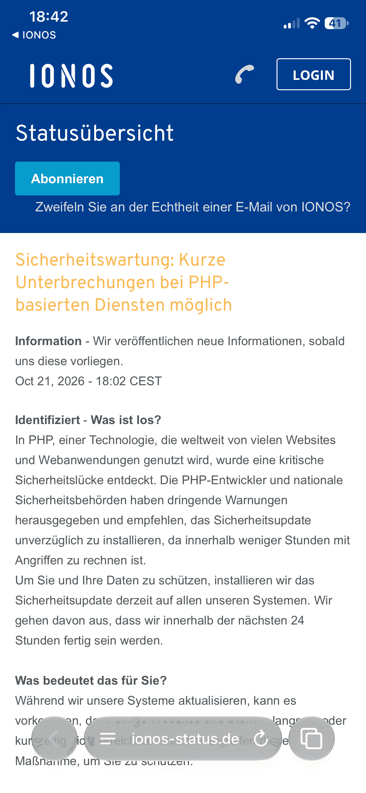 IONOS Statusübersichts Webseite mt Angaben zum Patchen der PHP-Versionen.