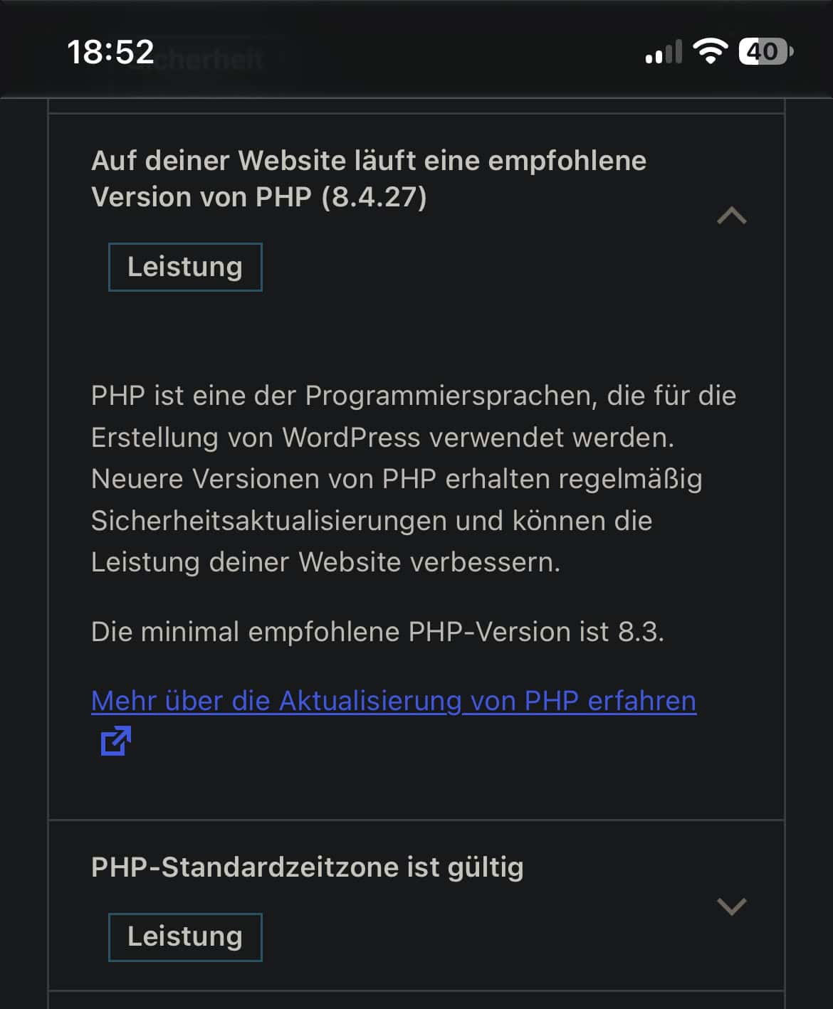 WordPress Backend mit aktueller, gepachtet PHP-Version.