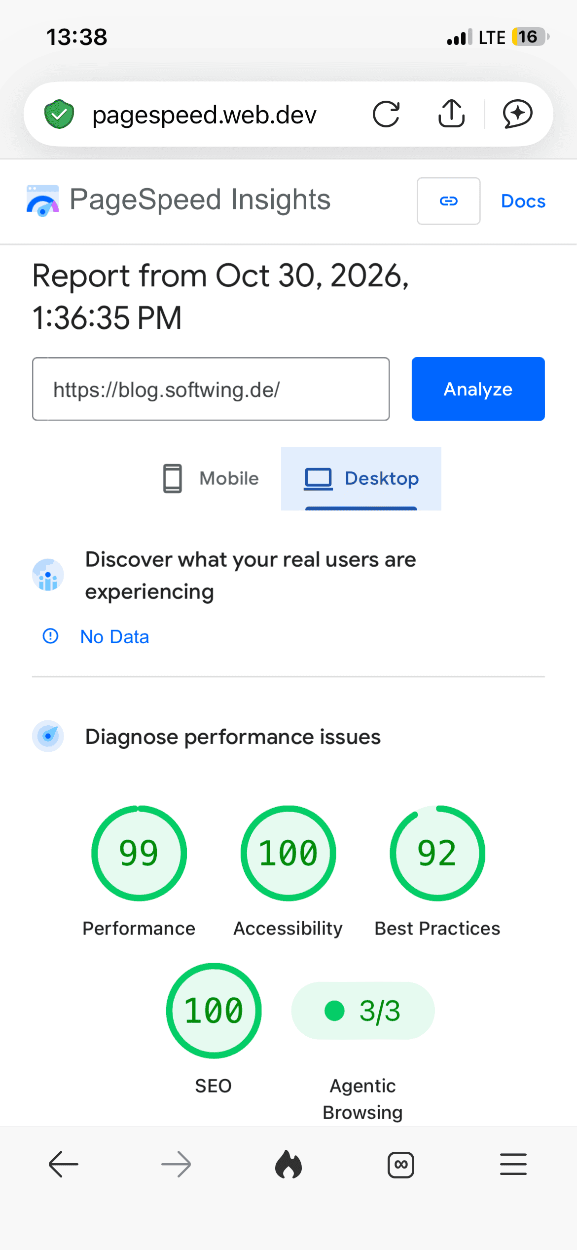 PageSpeed Insight mit guten Werten (alle grün) für Lighthouse des Blogs in Desktopansicht.