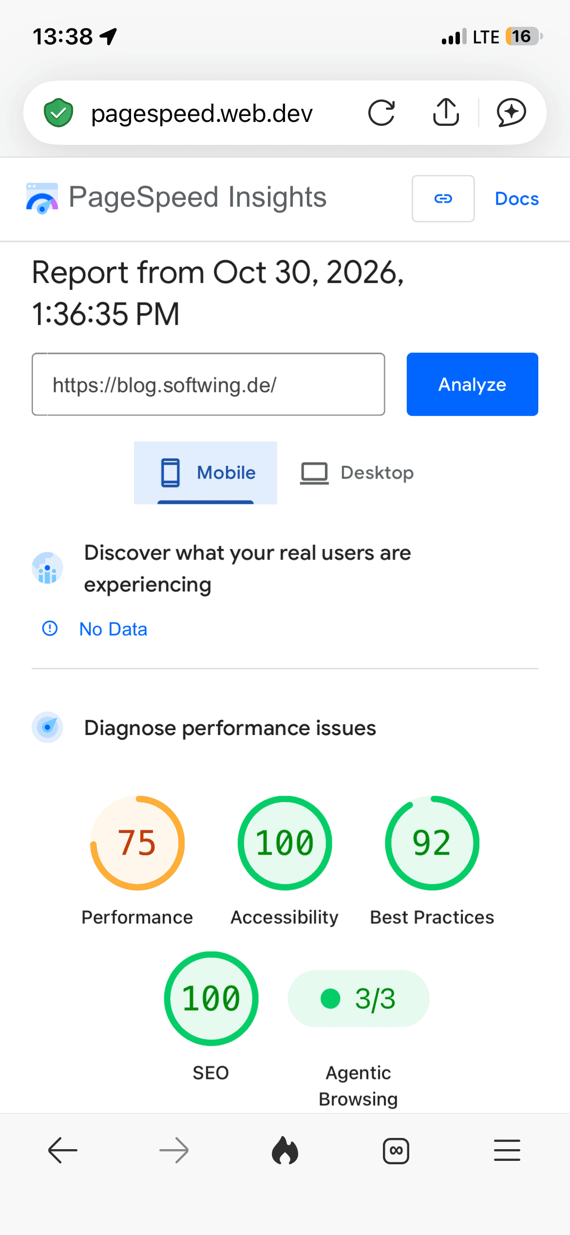 PageSpeed Insight mit recht guten Werten für Lighthouse des Blogs in Mobilansicht.
